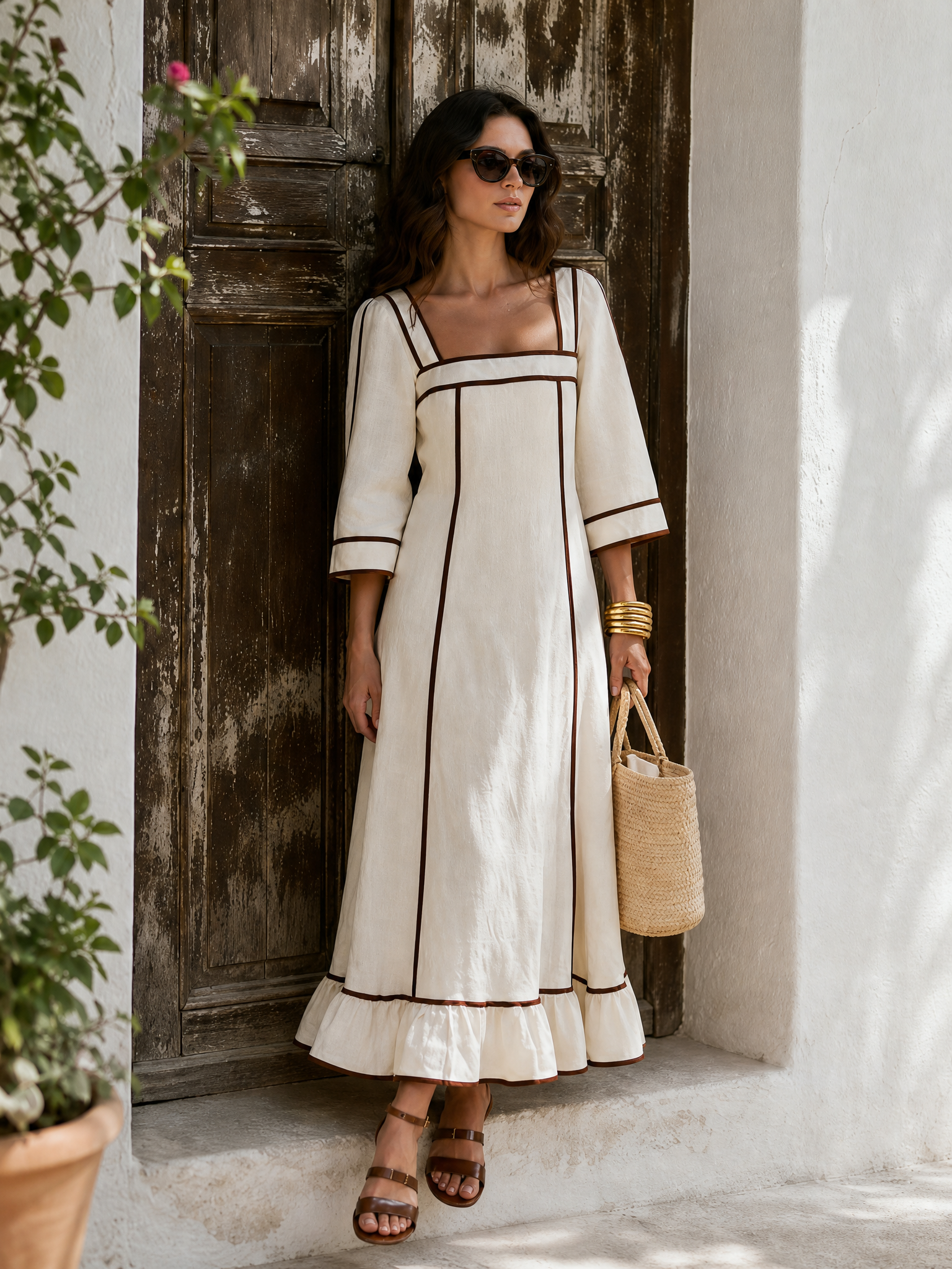 Old Money Square-Neck Short-Sleeve Brown Webbing Beige Cotton-Linen Maxi Dress