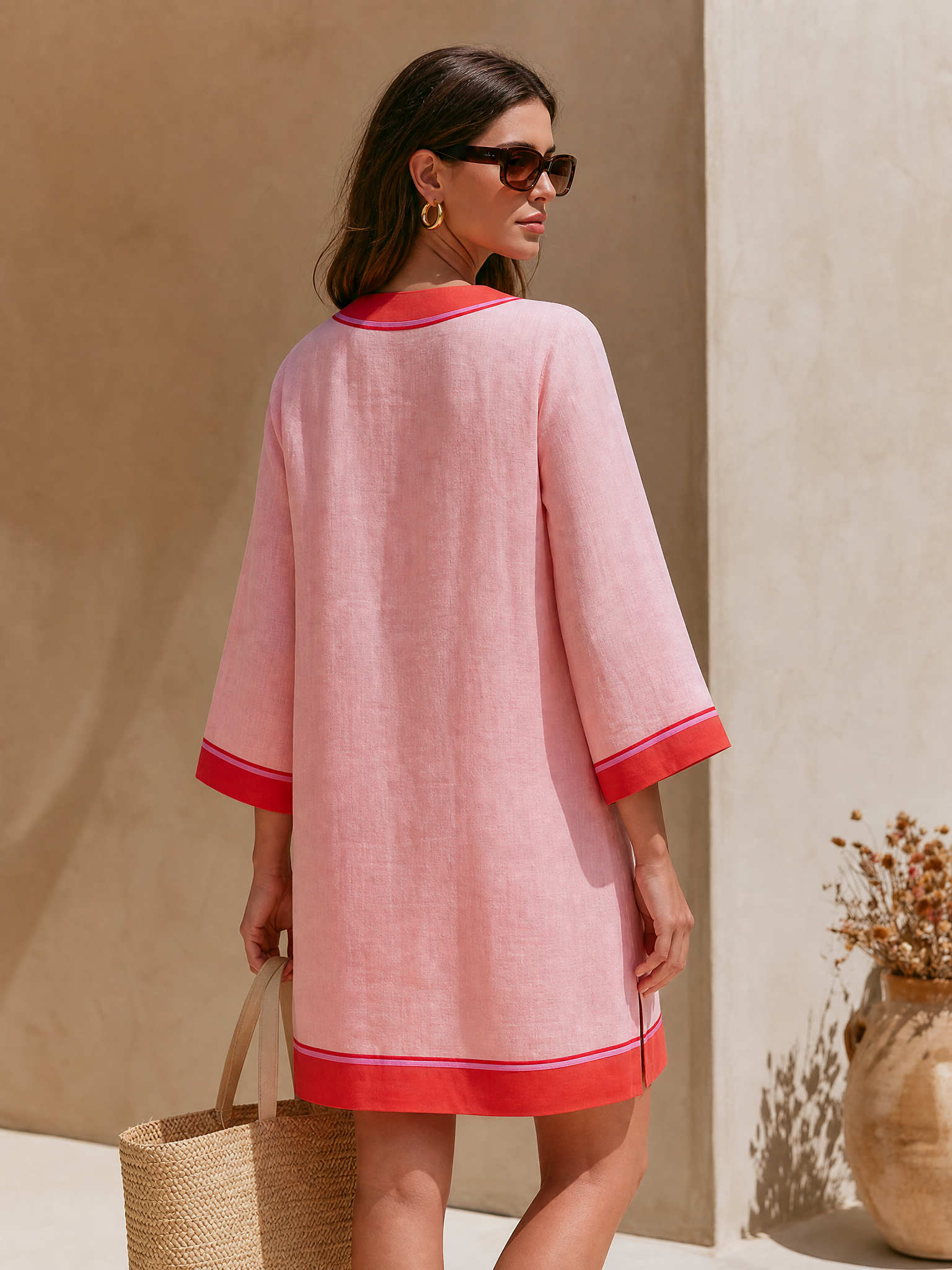 Bohemian V-neck Color-block Pink Mini Dress