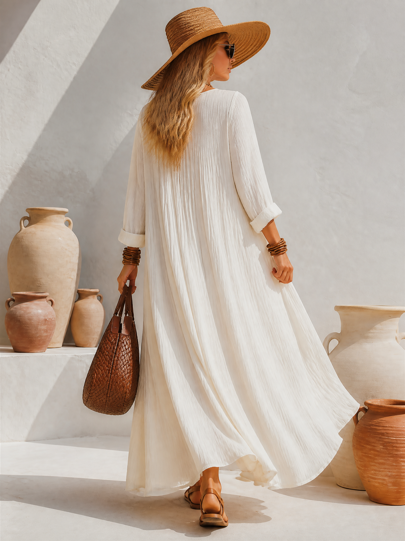 Boho Long Sleeve U-Neck Pleated Chiffon Maxi Dress