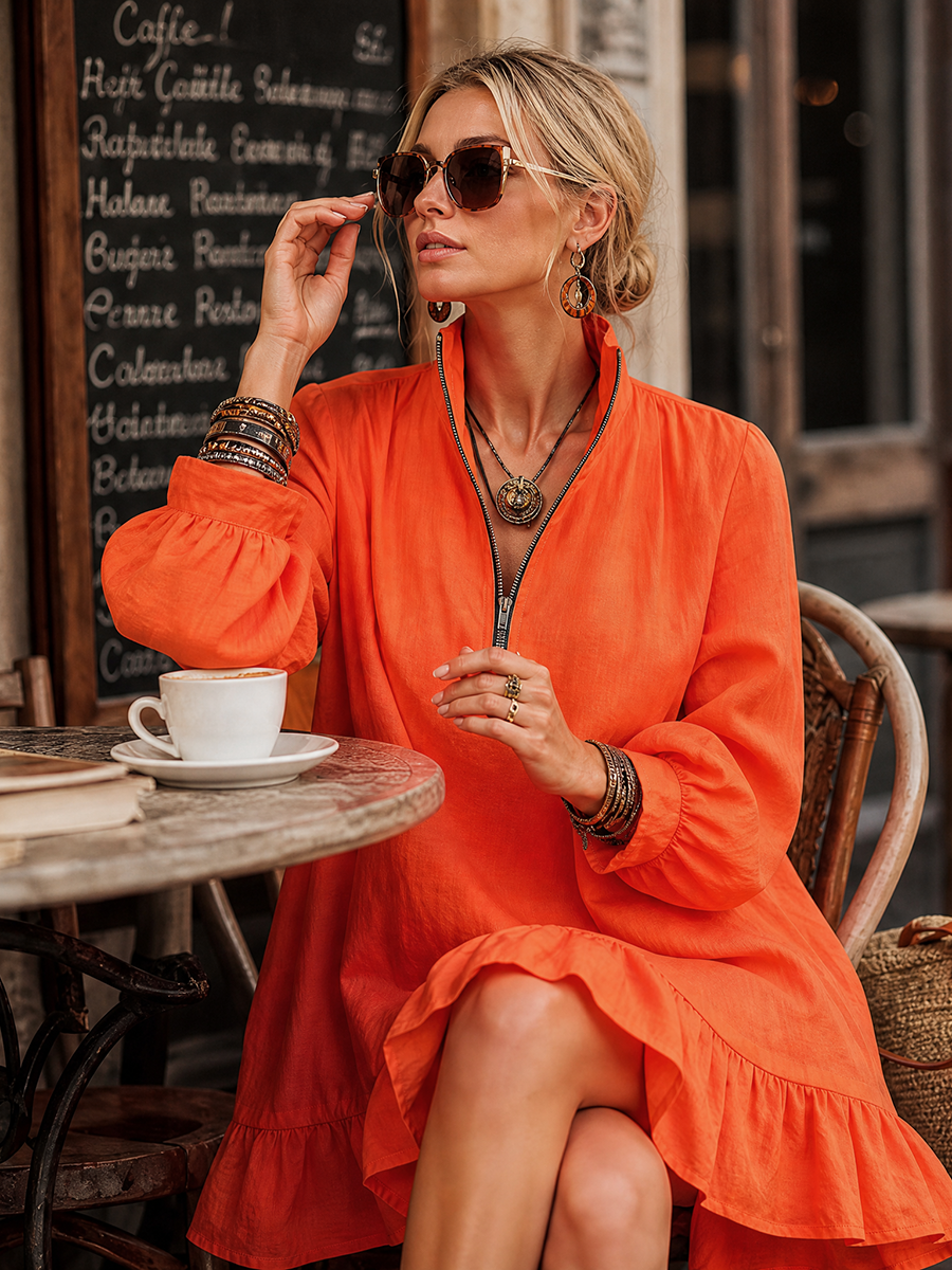 Vibrant Resort Orange Cotton Linen Long Sleeve Half-Zip Stand Collar Ruffled Hem Mini Dress