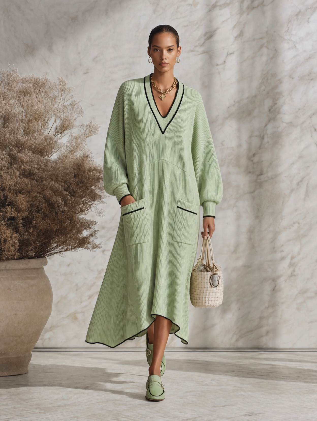 Resort-style V-neck Dropped Shoulders Midi Dress