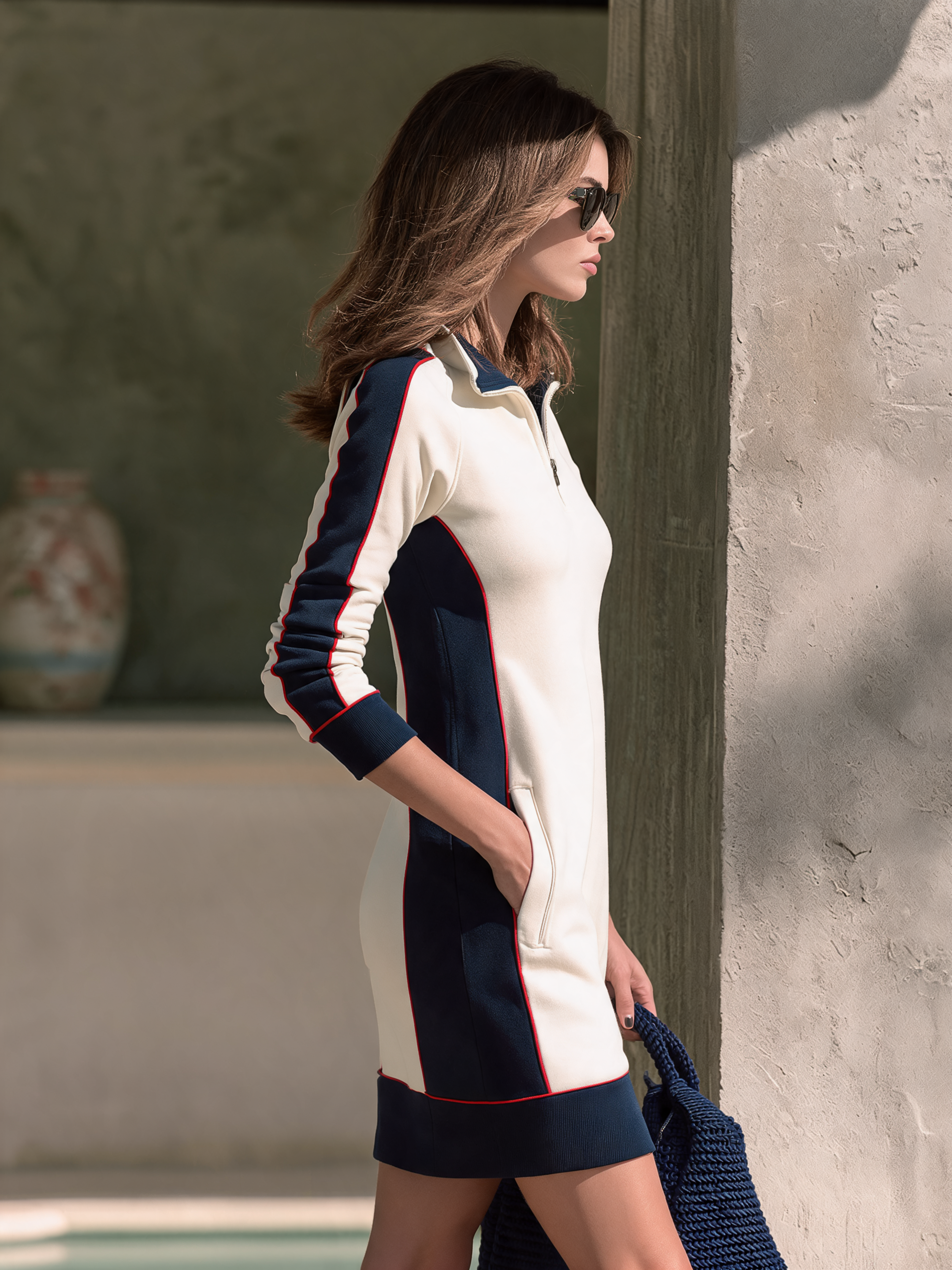Casual Half-Zip Colorblock Long-Sleeve Mini Dress