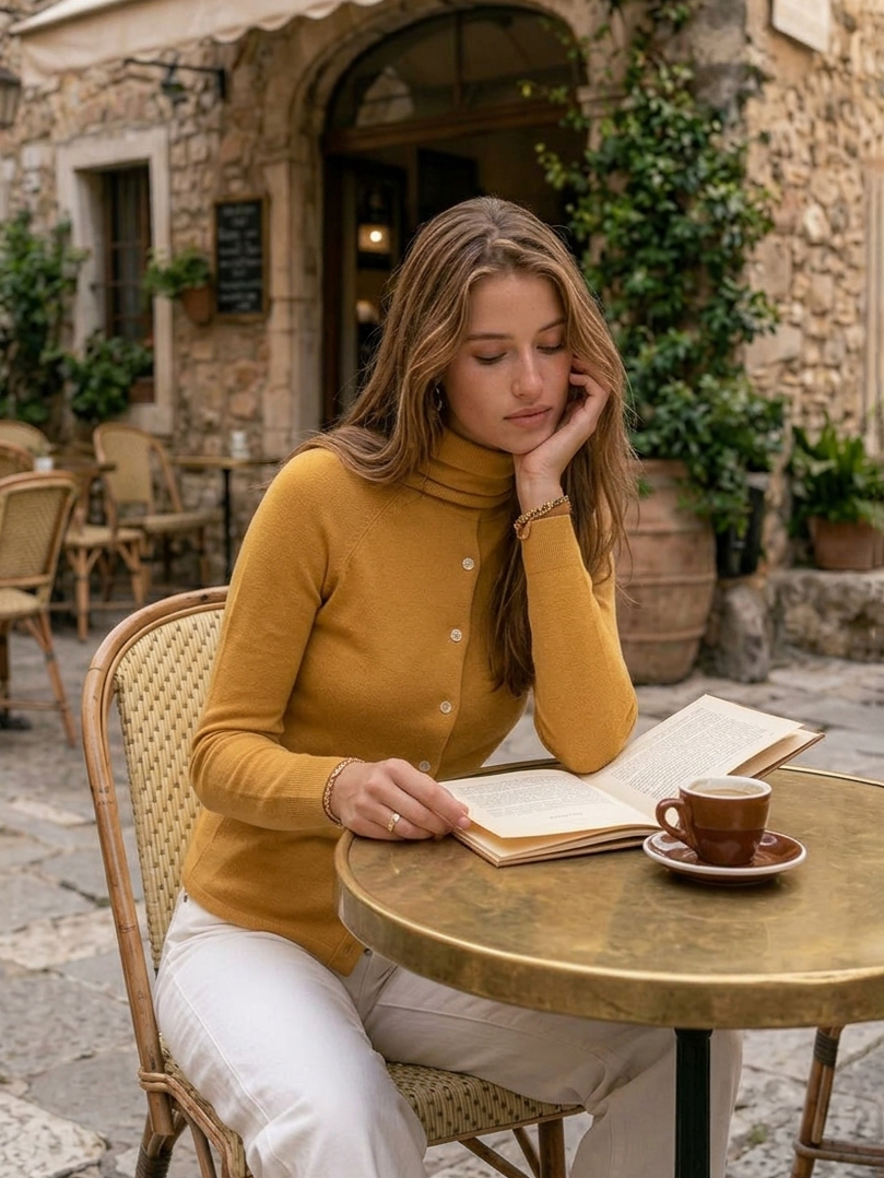 Old Money Style Mustard Yellow Draped Turtleneck Asymmetric Button Knit Sweater
