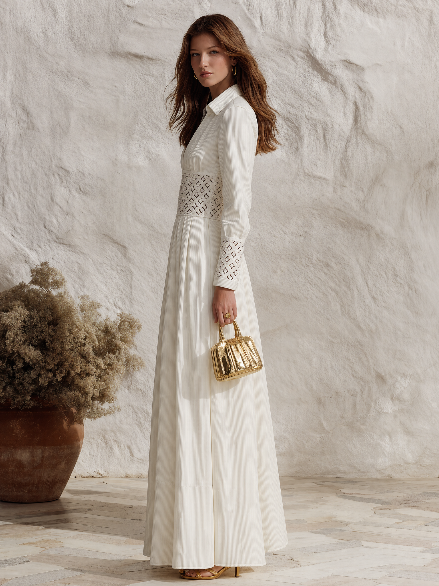 Resort-style V-neck Long-sleeved Striped Patchwork Knit Maxi Dress