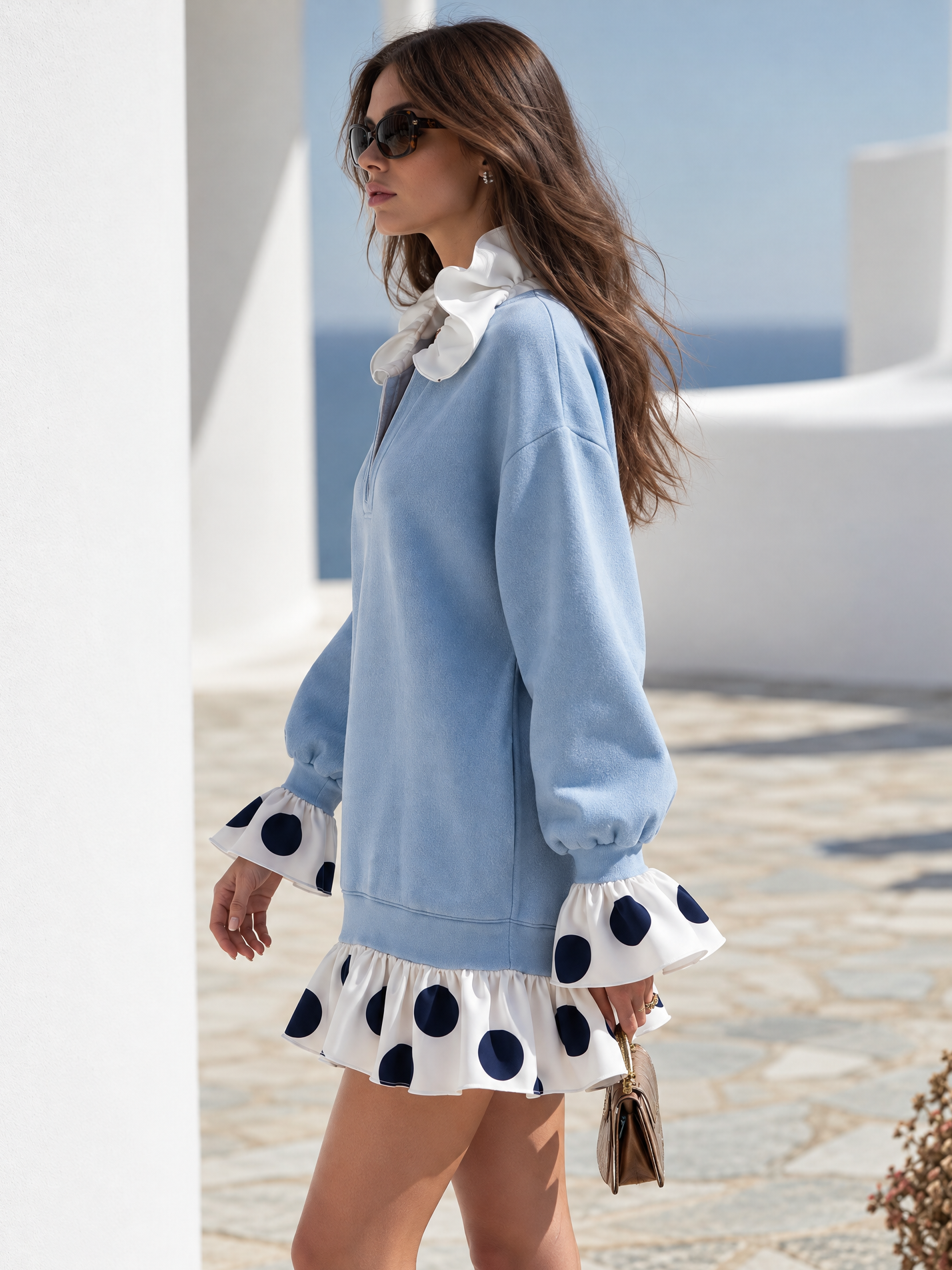 Retro Polka Dot Ruffled V-neck Sweatshirt Dress