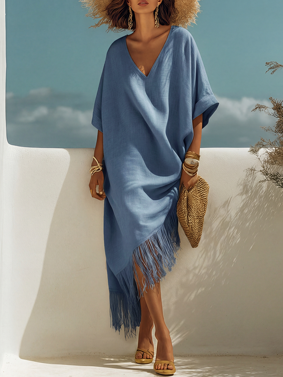 Casual Bohemian Style Fringed V-neck Short-sleeved Beige Maxi Dress