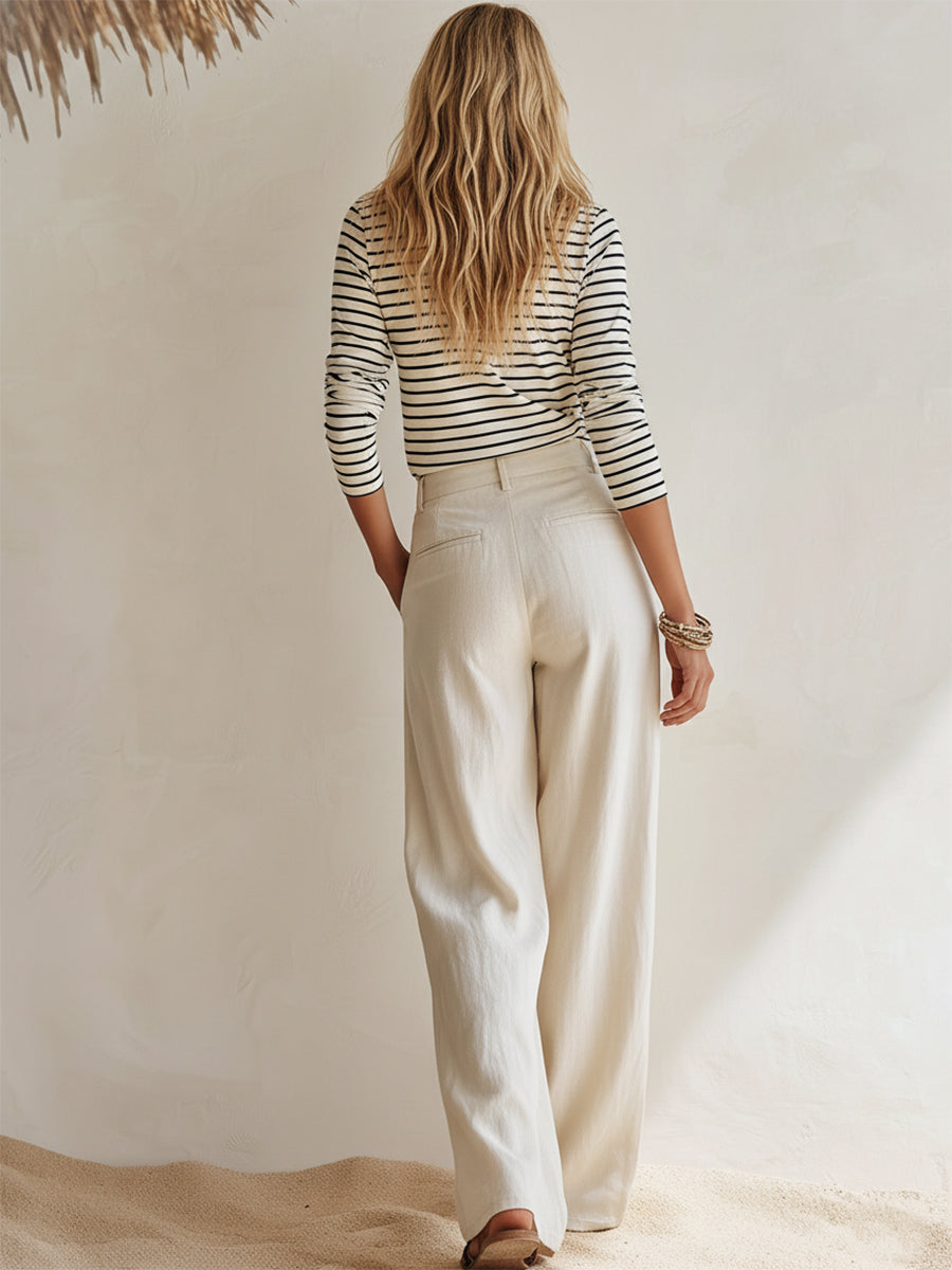 Stylish Black And White Striped Top And Wide-leg Pants Set