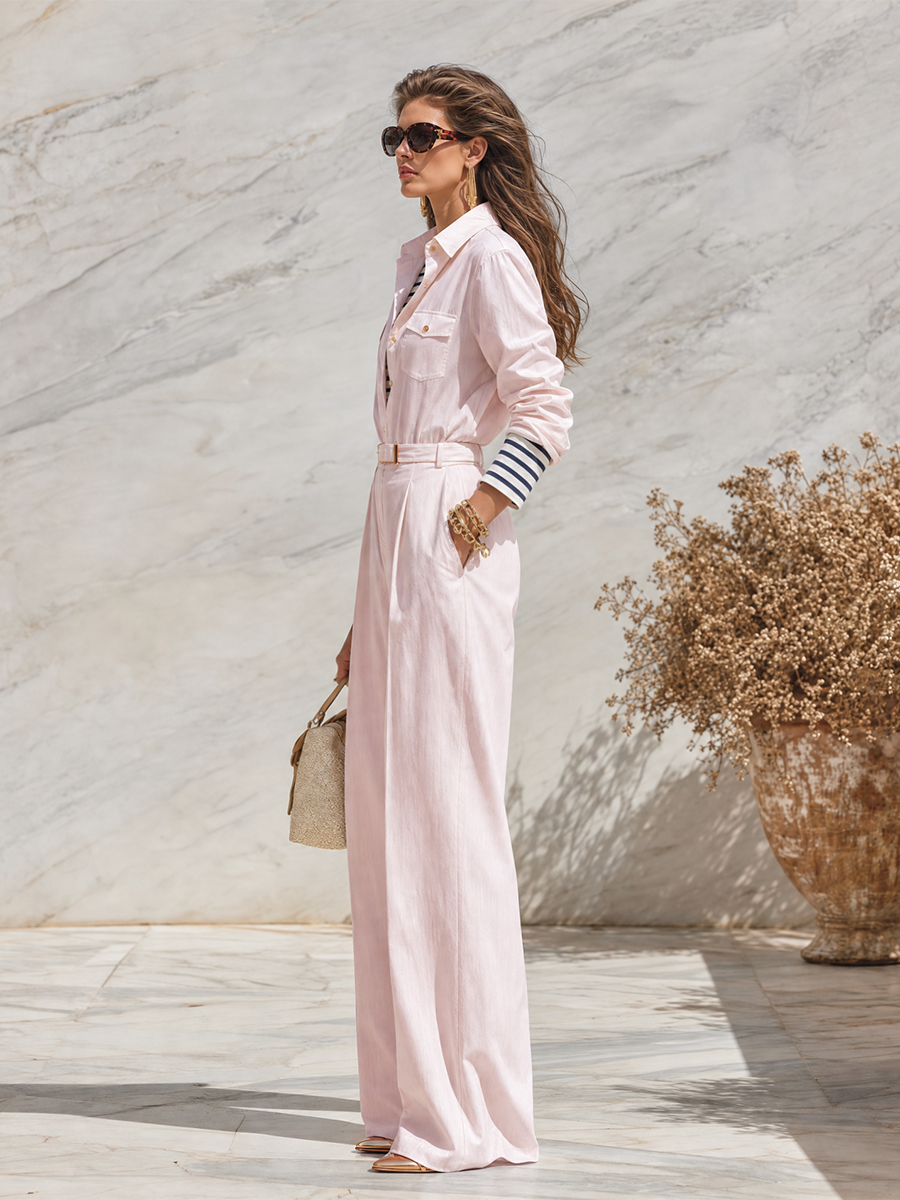 Resort-style Collared Long-sleeved Solid Color Jumpsuit