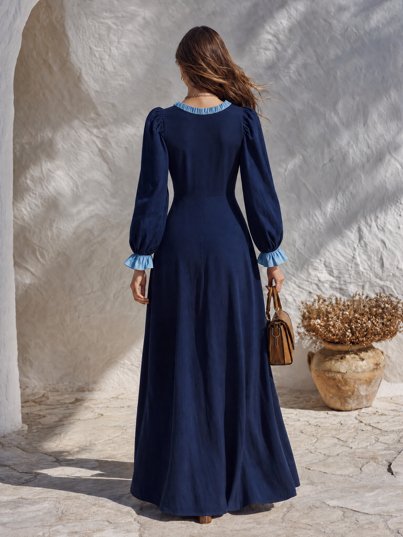 Resort-style Square Neckline Ruffled Long Sleeves Pleated A-line Maxi Dress