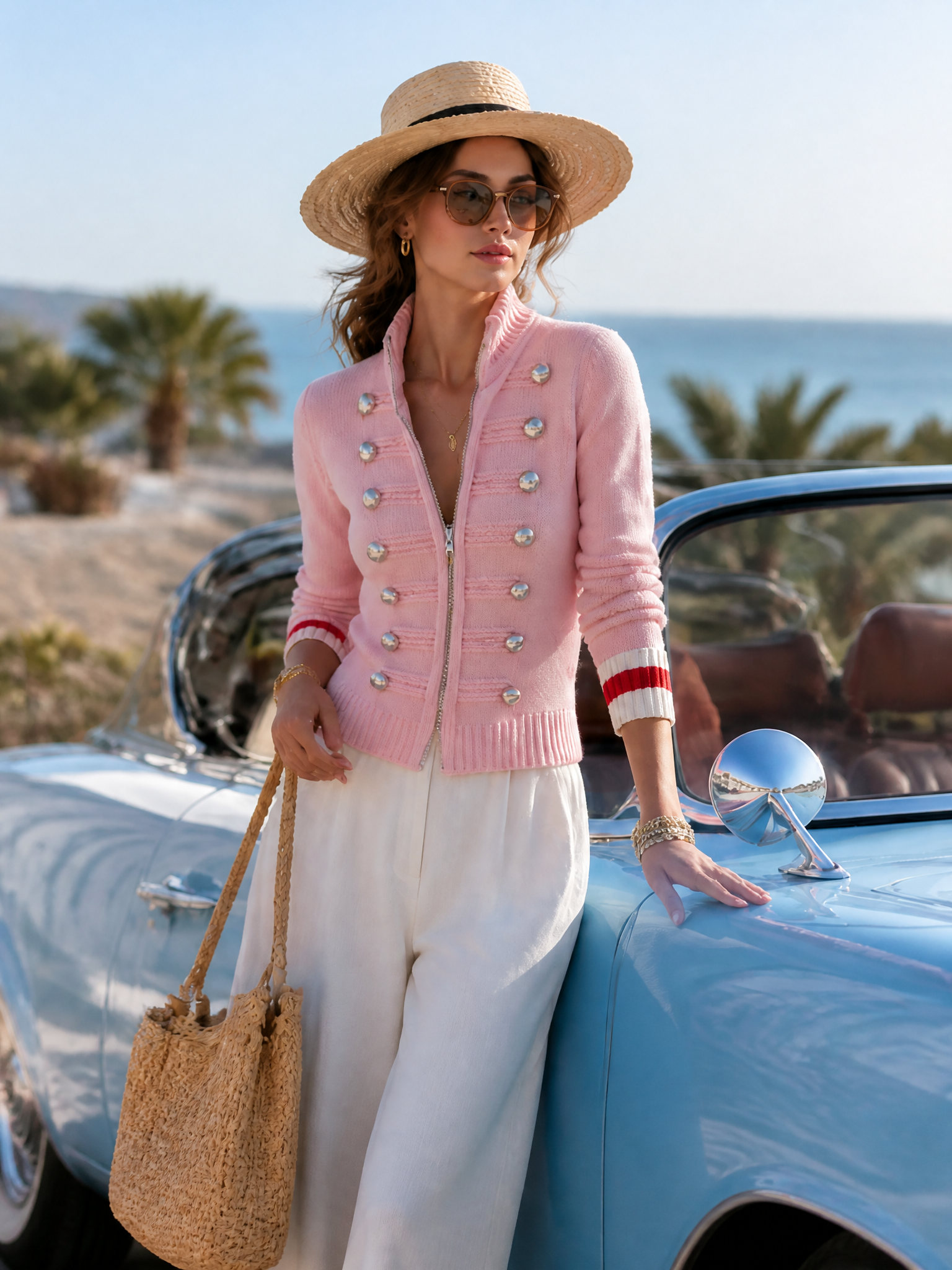 Vintage Military-style Front-zip Pink Knit Jacket