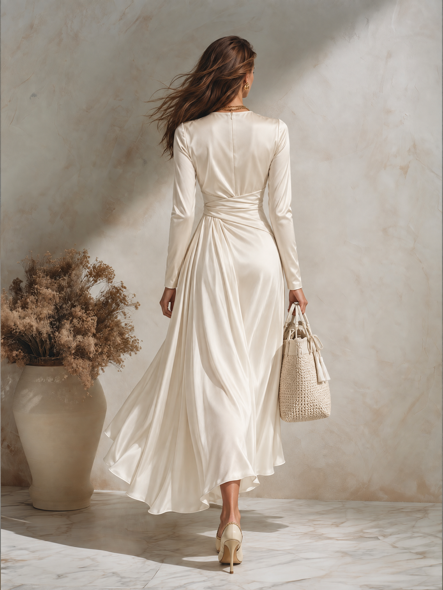 Resort-style Round Neck Long-sleeved Pleated Solid Color Midi Dress
