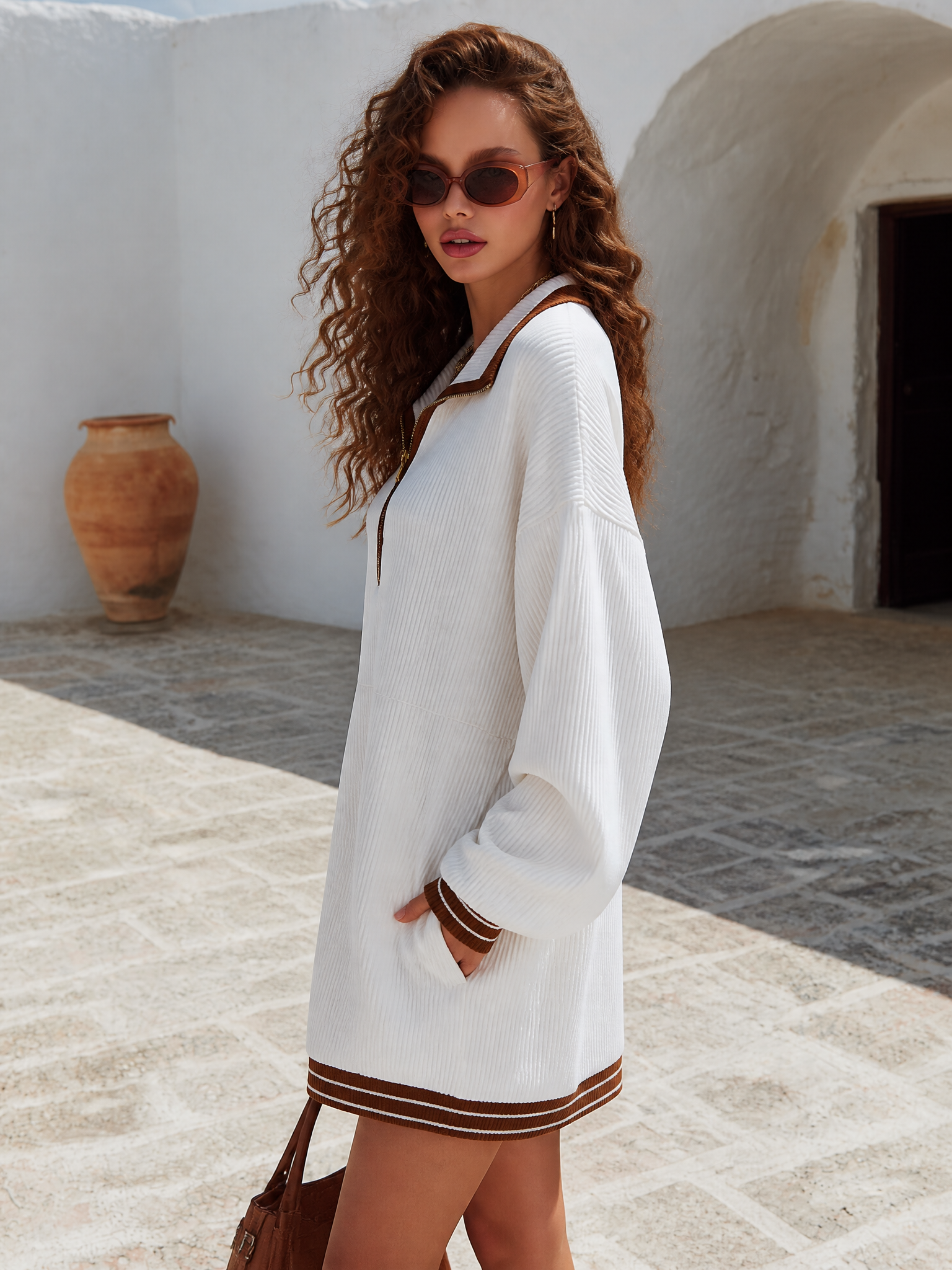 Santorini Chic Ivory Ribbed Zip-Collar Mini Dress