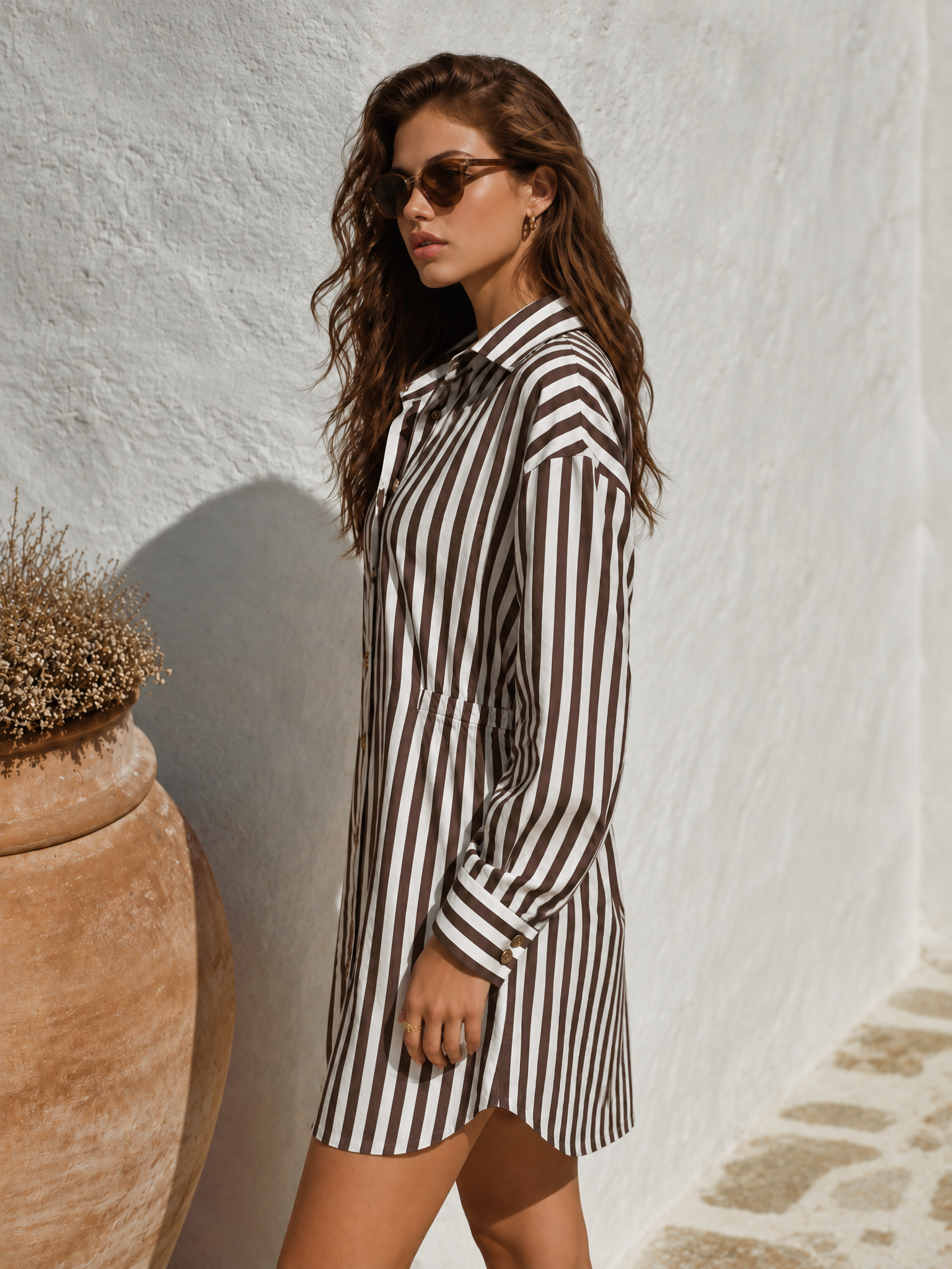 Retro Classic Striped Long-sleeved Mini Shirt Dress