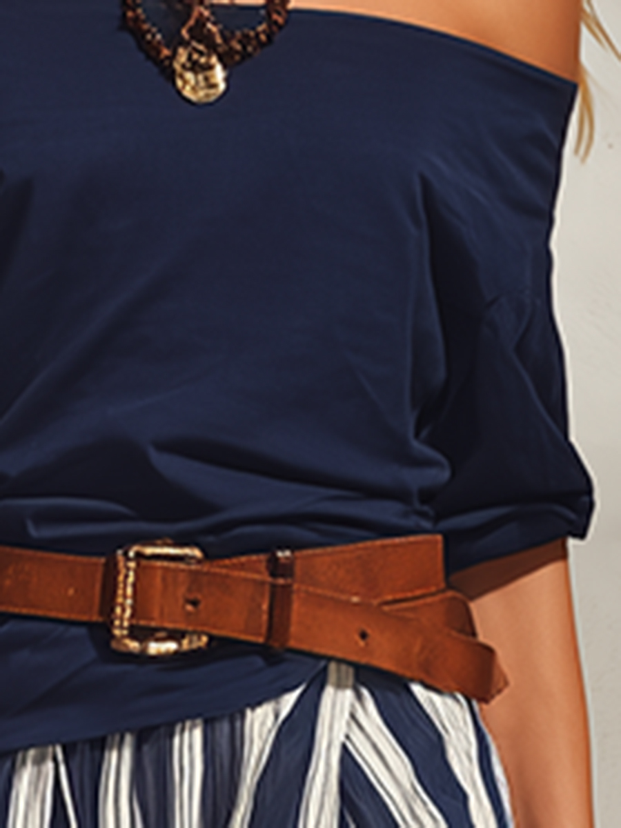 Nautical Resort Style Navy Blue Off-shoulder Top