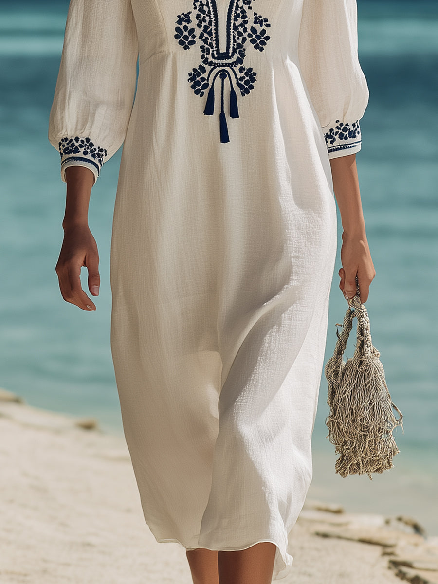 Resort-style Ethnic-style Blue Embroidered Off-white Cotton And Linen Midi Dress