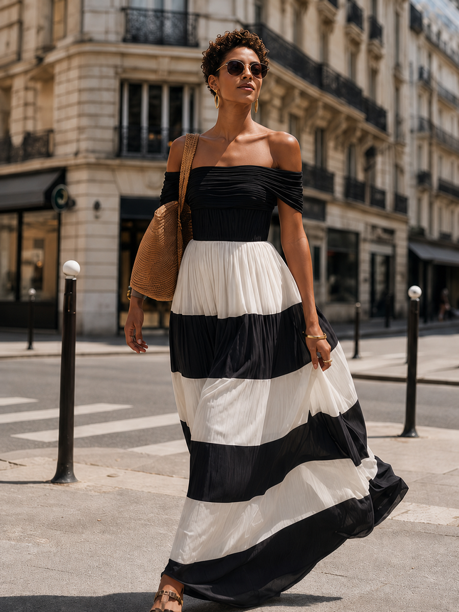 Chic Vacation Off-Shoulder Black And White Striped Chiffon Maxi Dress