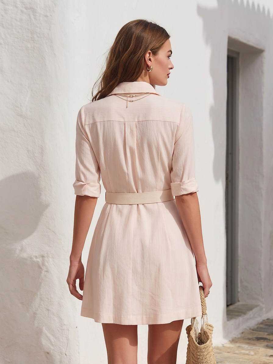 Soft Pastel Resort Woven Blush Belted Lapel Roll Sleeve Mini Shirt Dress