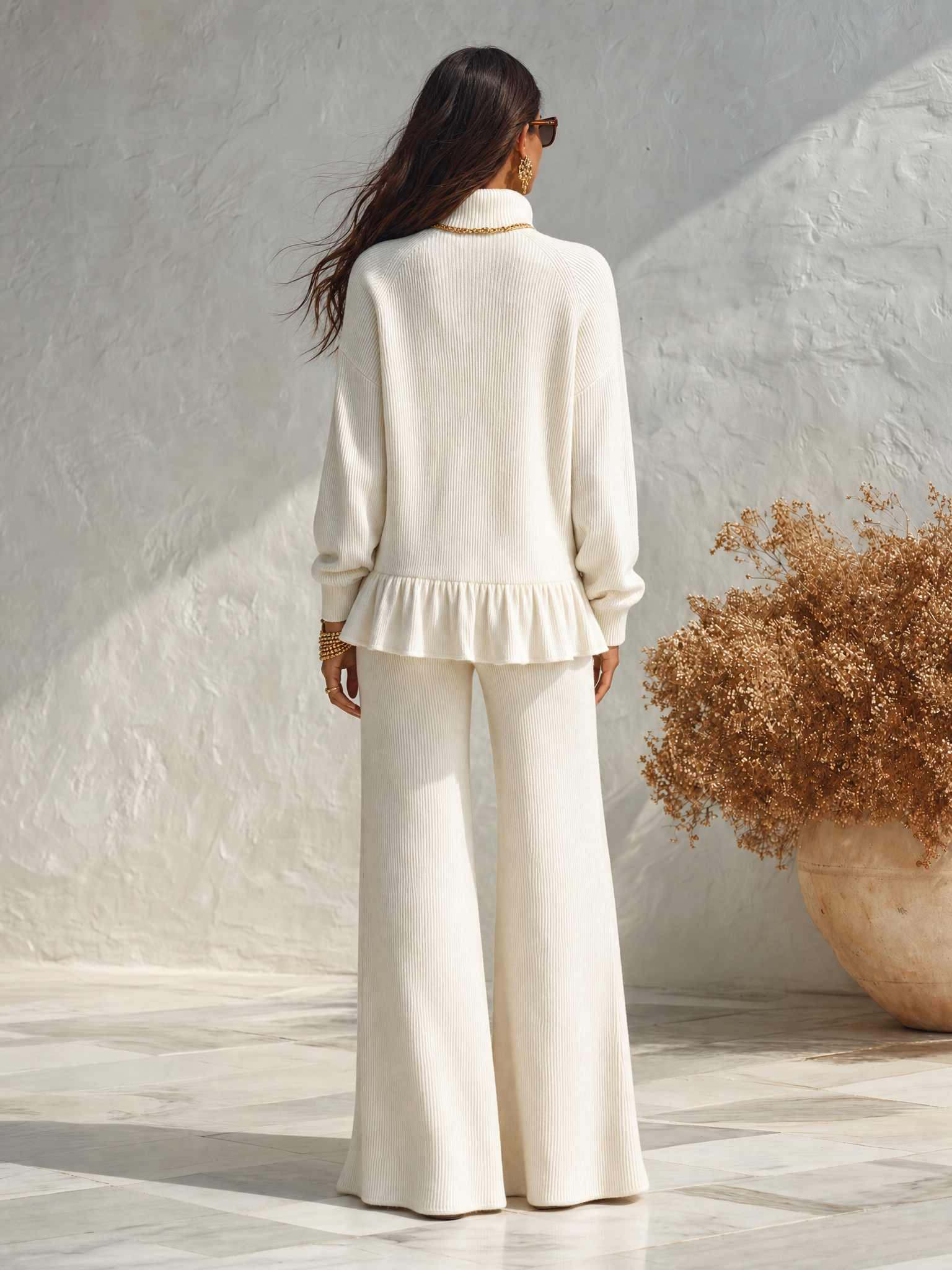 Resort-style Long-sleeve Mock-neck Ruffled Top And Flared Pants Set