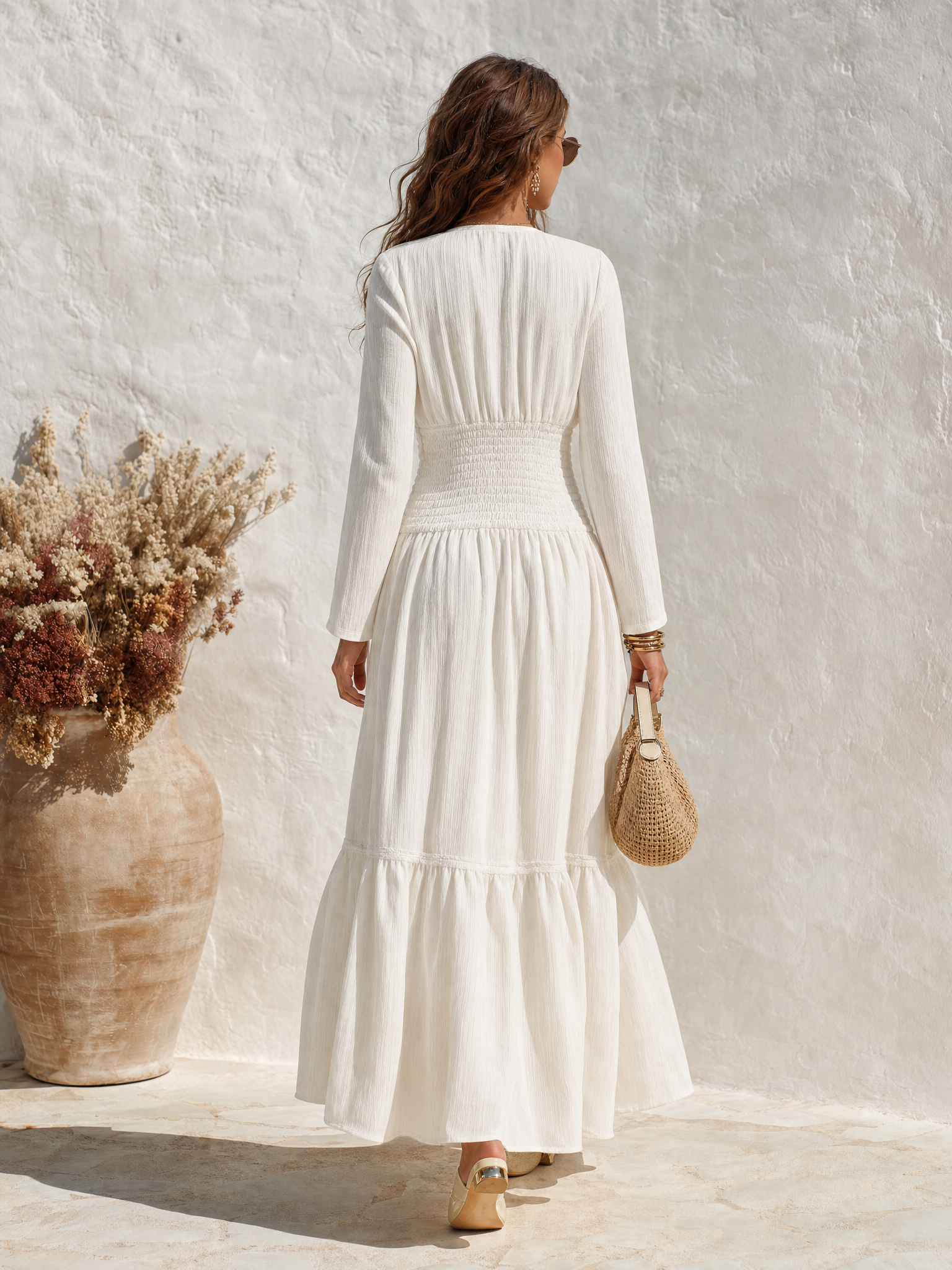 Resort-style V-neck Long-sleeved A-line Solid Color Maxi Dress