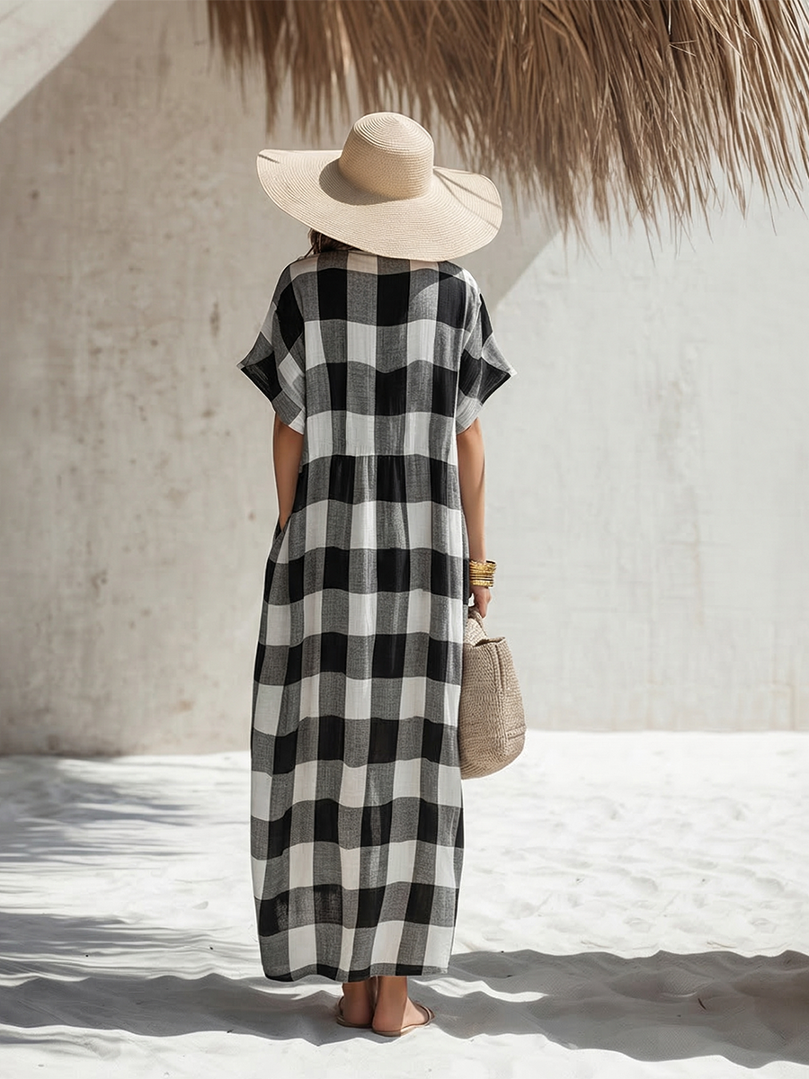 Simple Casual Short-Sleeve Black & White Plaid Cotton-Linen Maxi Dress