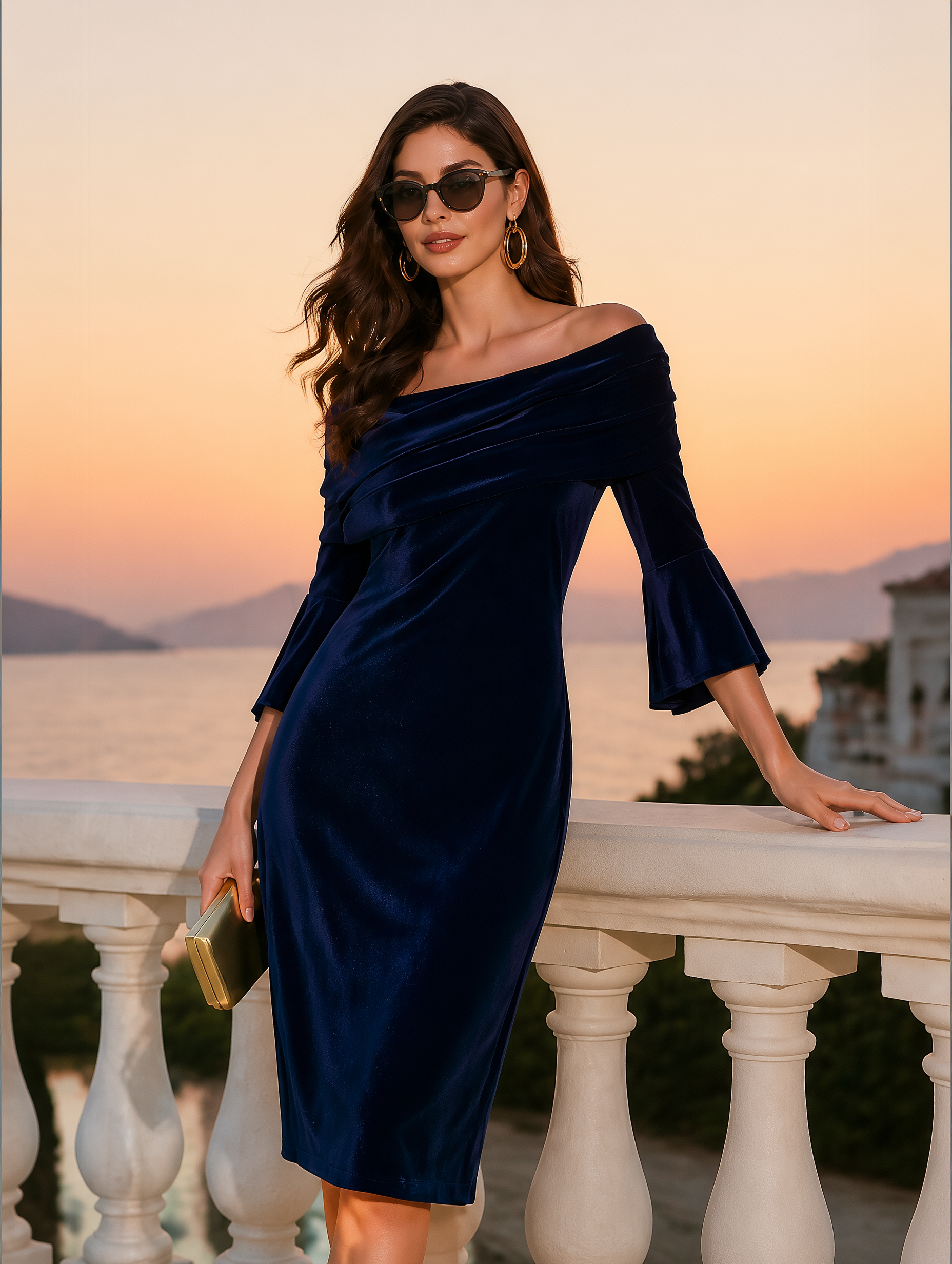 Elegant Dinner Party Off-Shoulder Bell Sleeves Velvet Bodycon Midi Dress