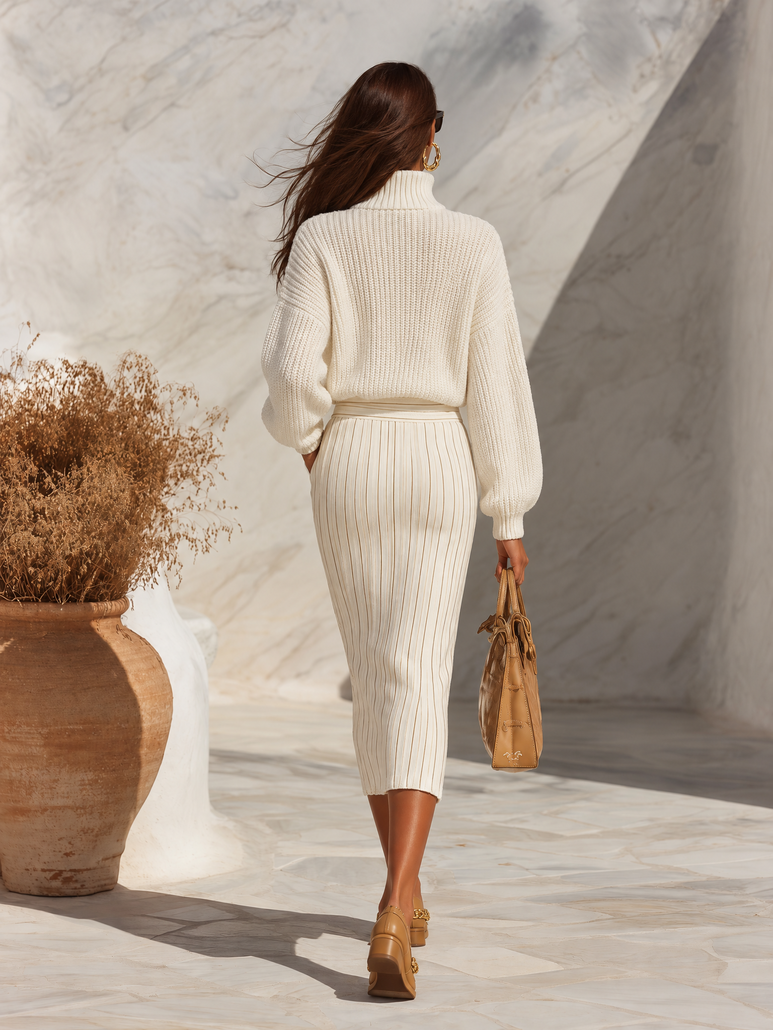 Resort-style Stand-up Collar Openwork Long-sleeved Top And Striped Skirt Set