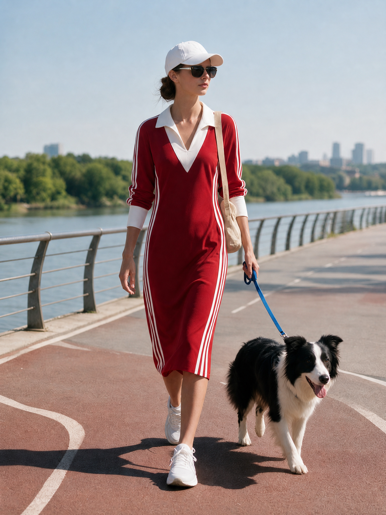 Old Money Sporty Chic Contrast Collar Striped Long Sleeve Midi Dress
