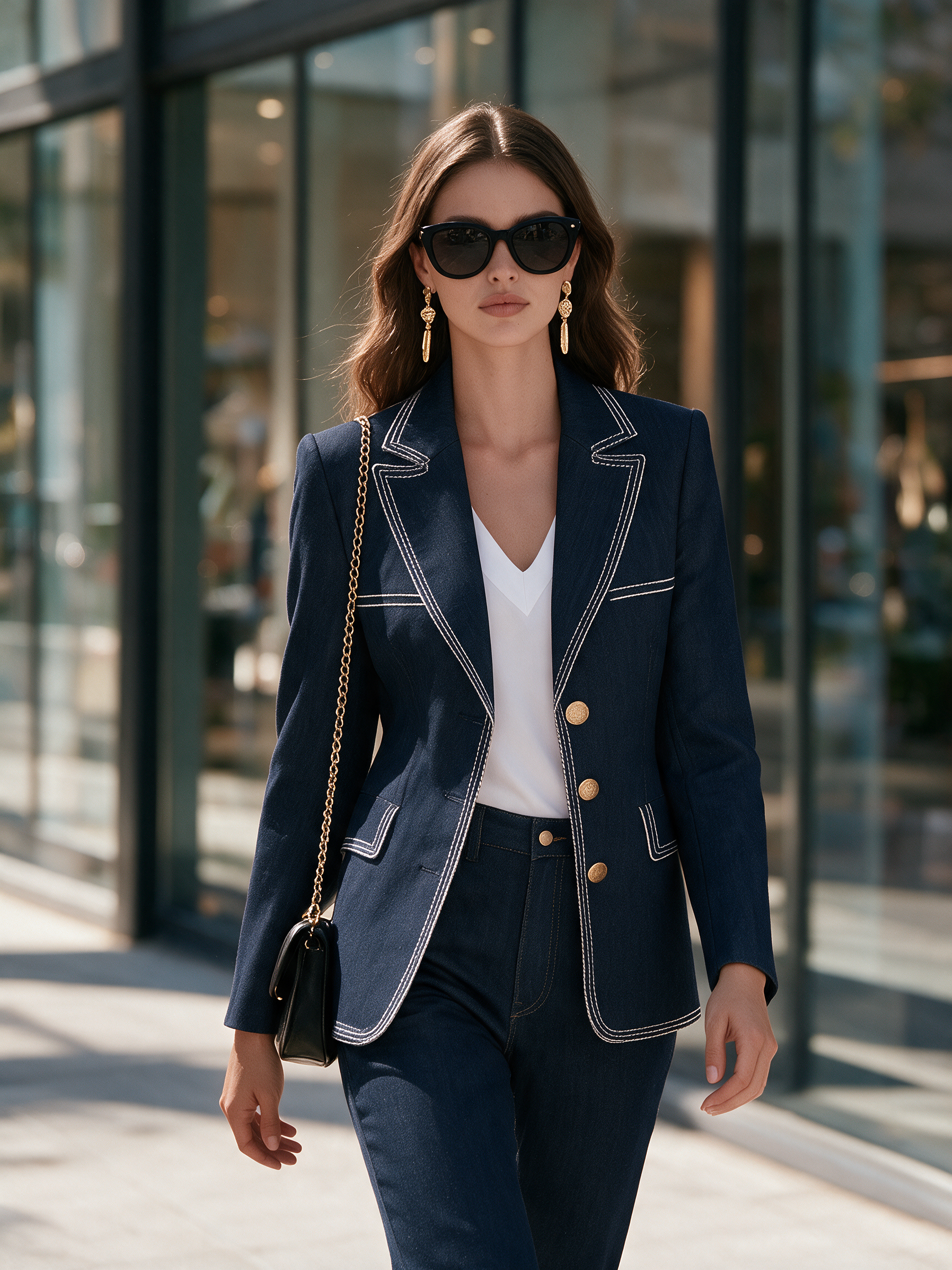 Old Money Contrast Stitch Gold Button Denim Blazer