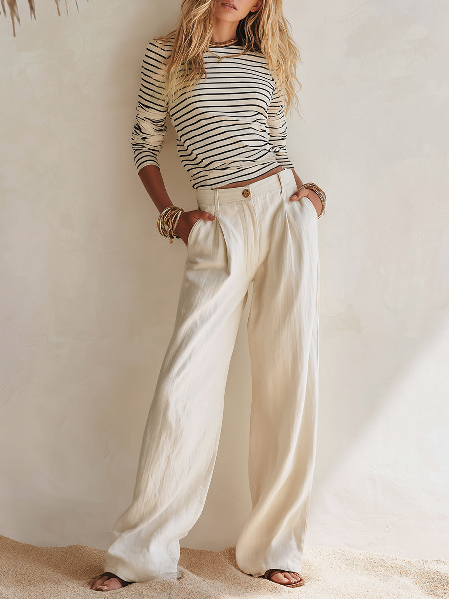 Stylish Black And White Striped Top And Wide-leg Pants Set