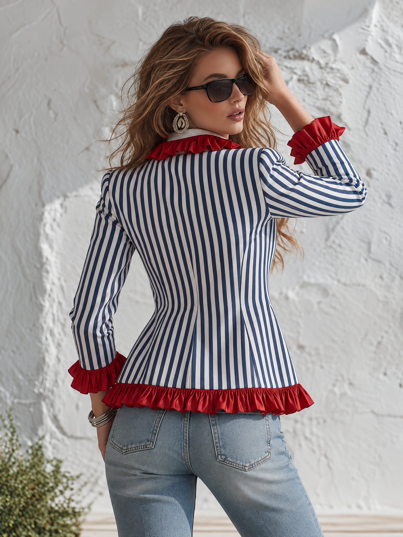 Retro Classic Striped Color-blocked Ruffled Blazer