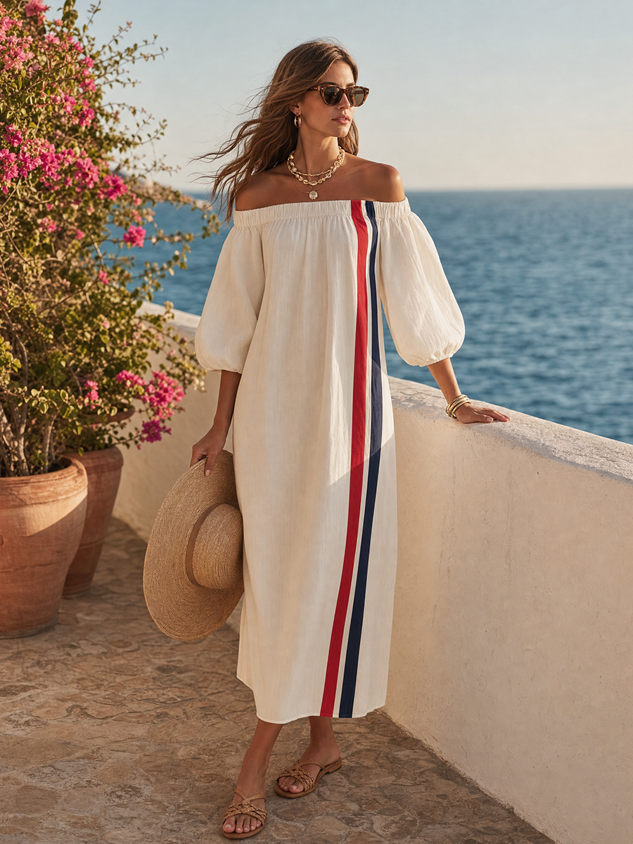 Retro-style Vacation Off-shoulder Color-blocked Striped Midi Dress