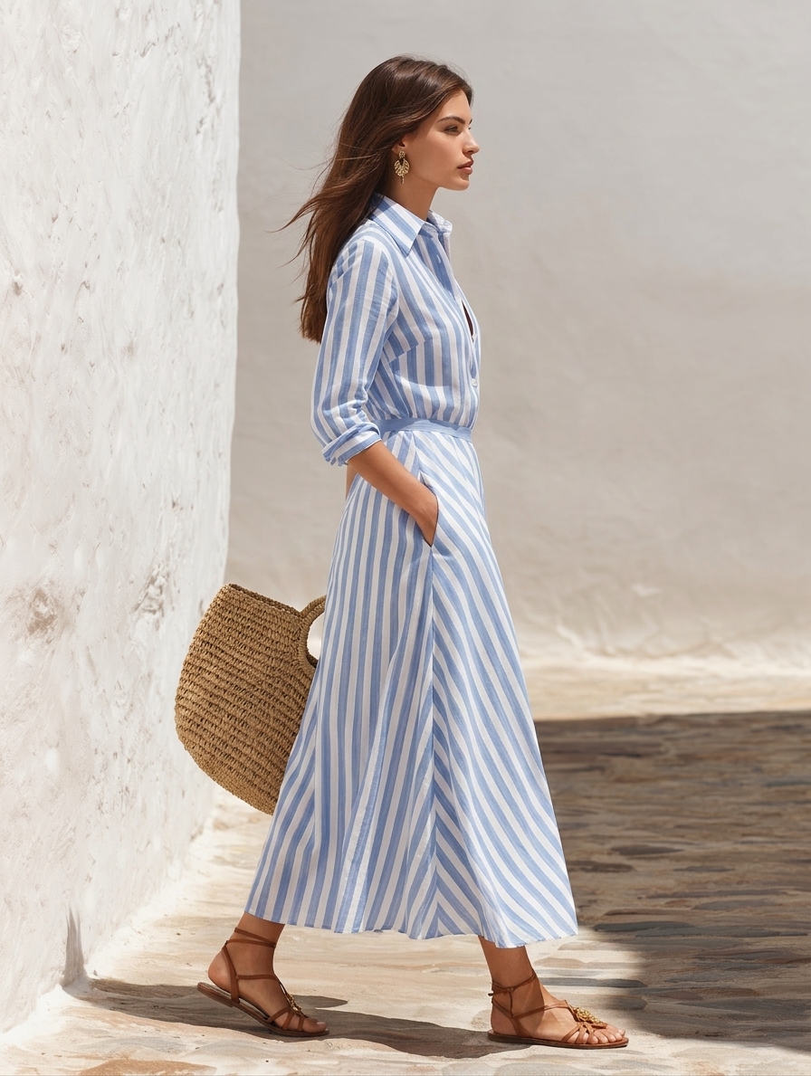 Minimalist Coastal Linen Blend Blue White Stripe Belted Lapel Midi Shirt Dress