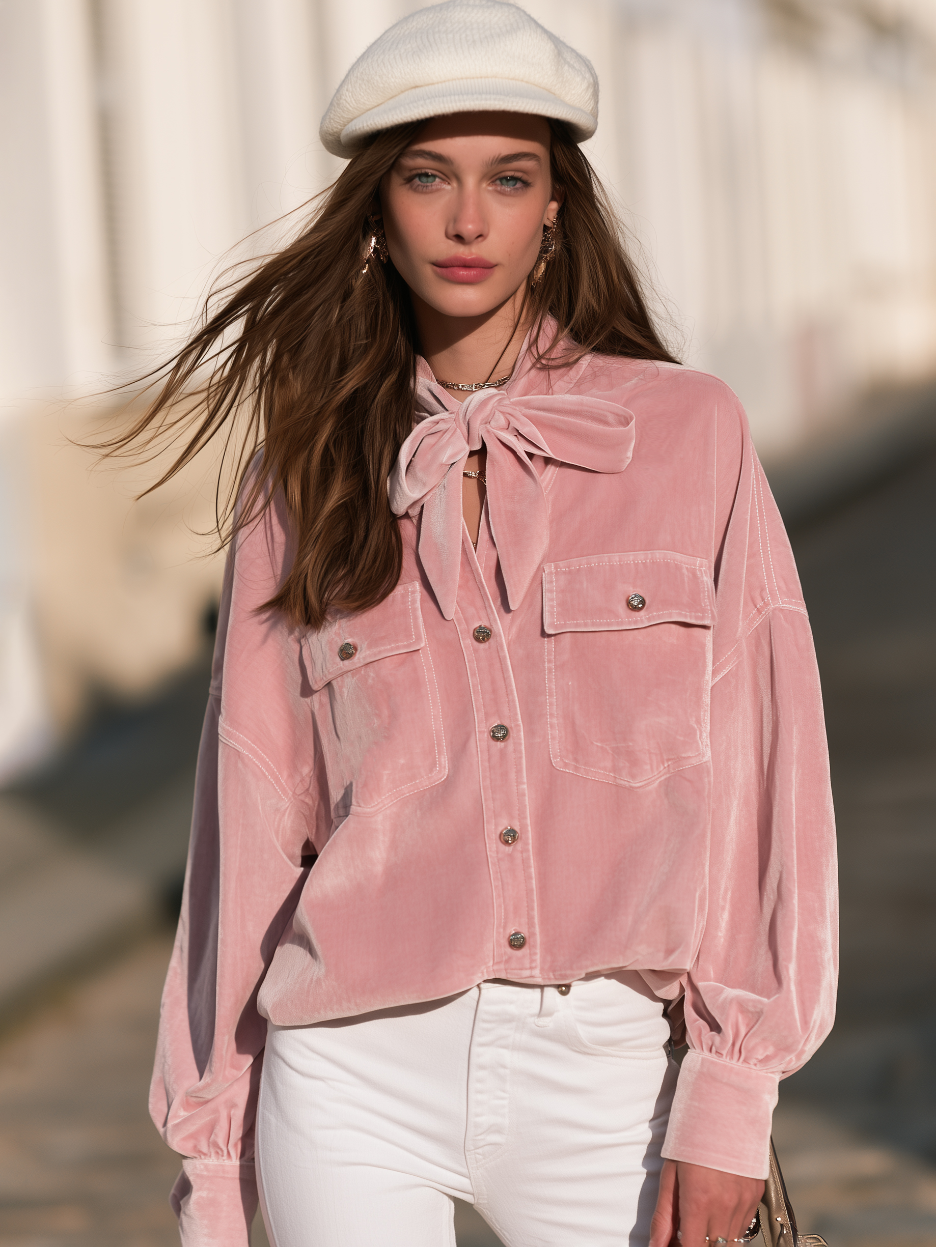 Vintage Retro Dusty Pink Velvet Bow Tie Front Shirt