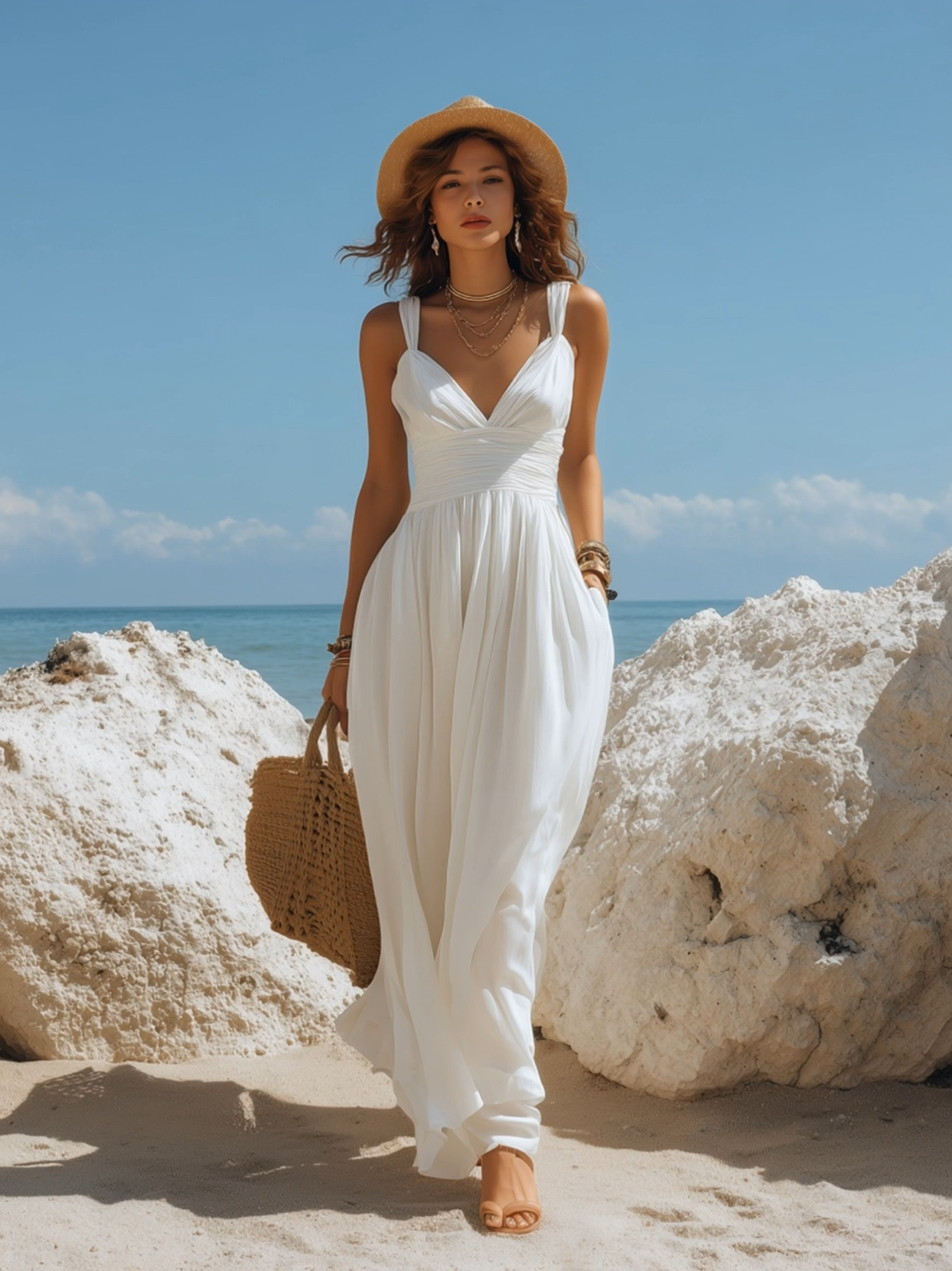 Resort-style White Off-shoulder Flowy Maxi Dress