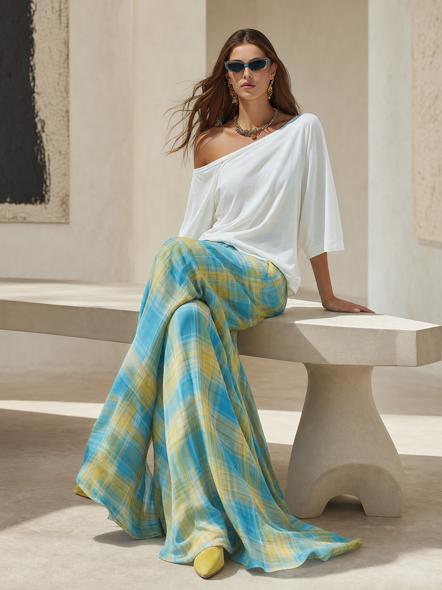 Vacation Casual One-shoulder Pure Cotton T-shirt And Plaid Chiffon Printed Wide-leg Skirt Pants
