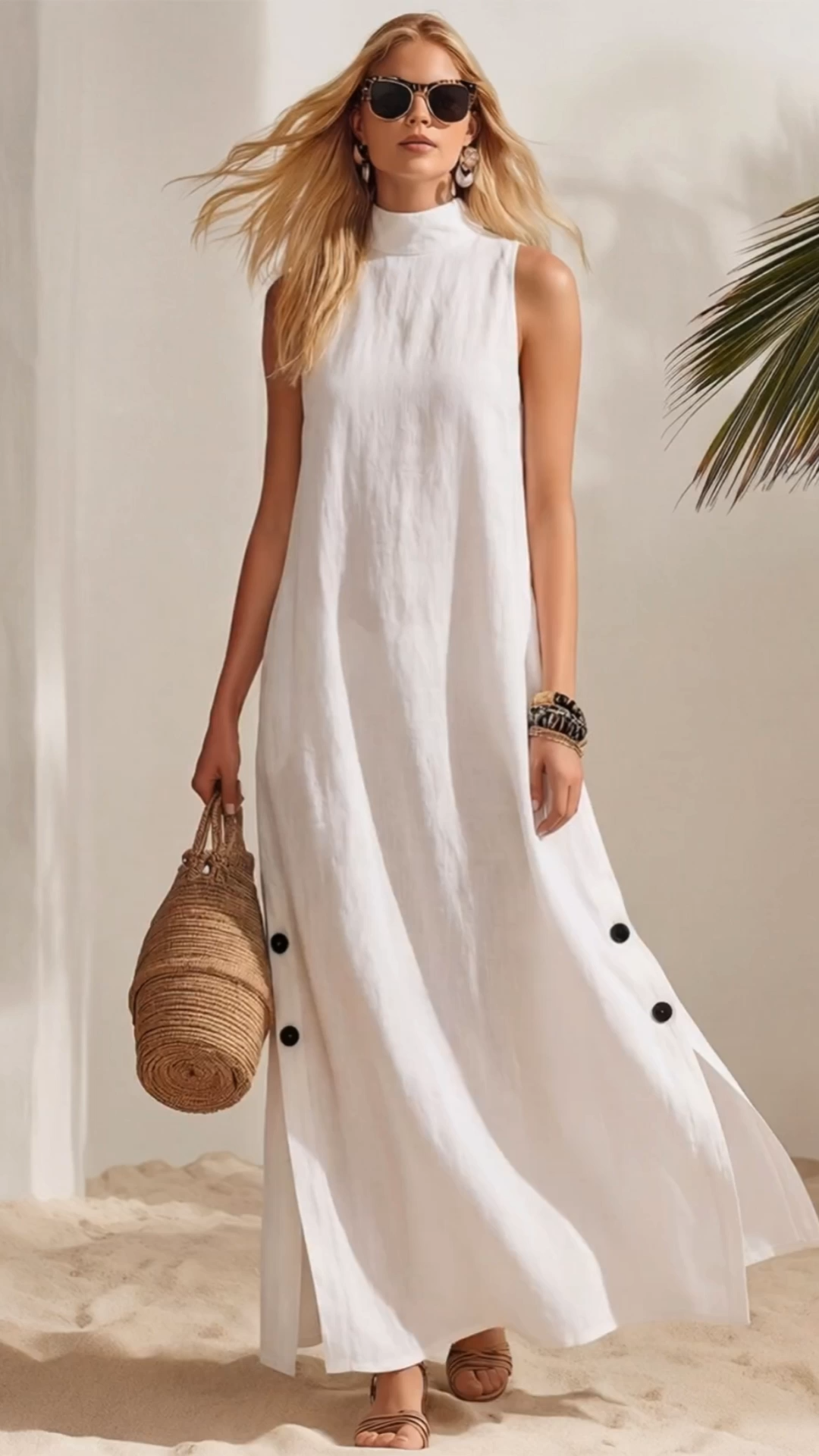 Minimalist Casual Vacation White Turtleneck Cotton Linen Button Sleeveless Maxi Dress