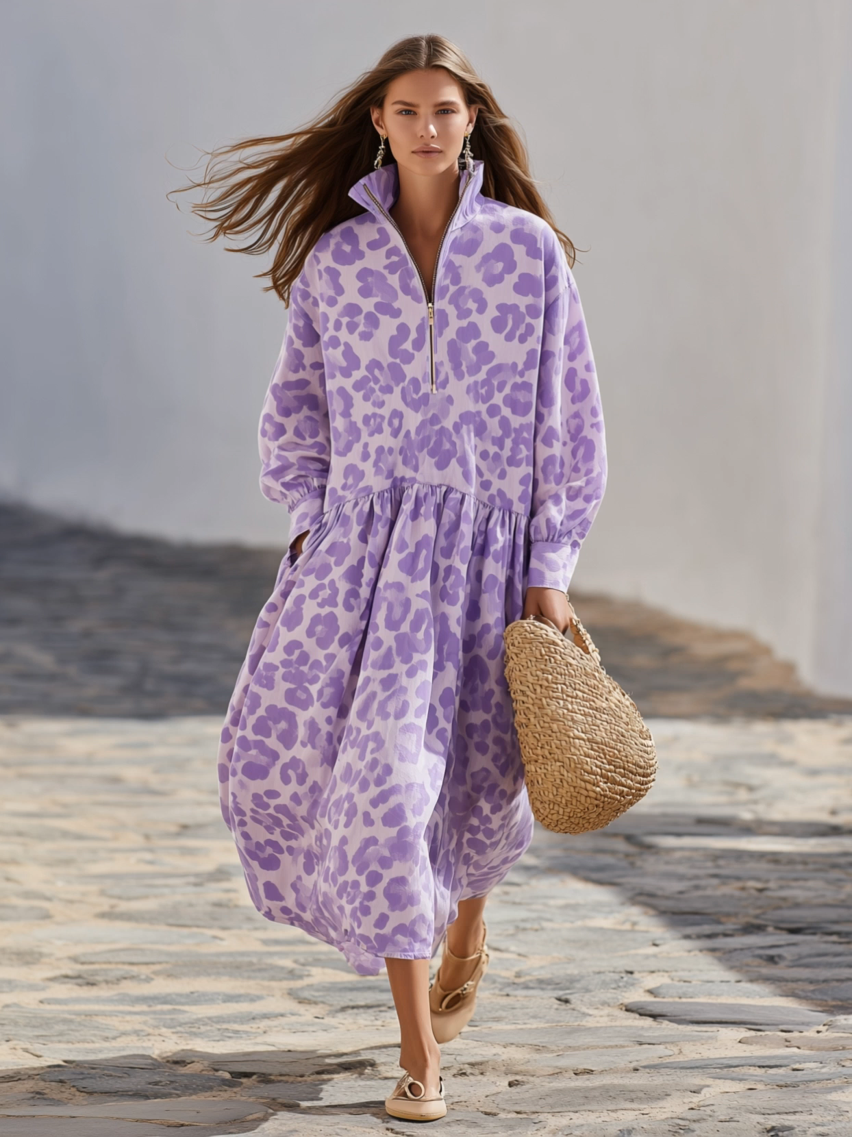 Soft Pastel Resort Crinkled Woven Lavender Leopard Zip Collar Balloon Sleeve Gathered Tiered Midi Dress