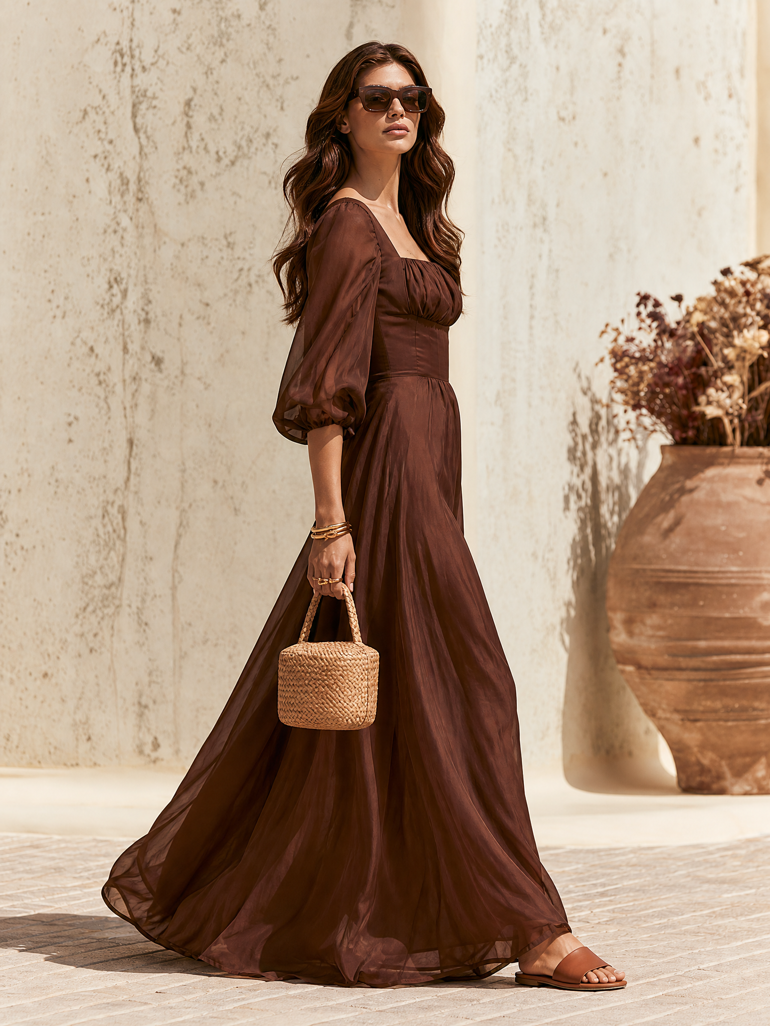 Elegant Resort-Style Square-Neck Tencel Maxi Dress