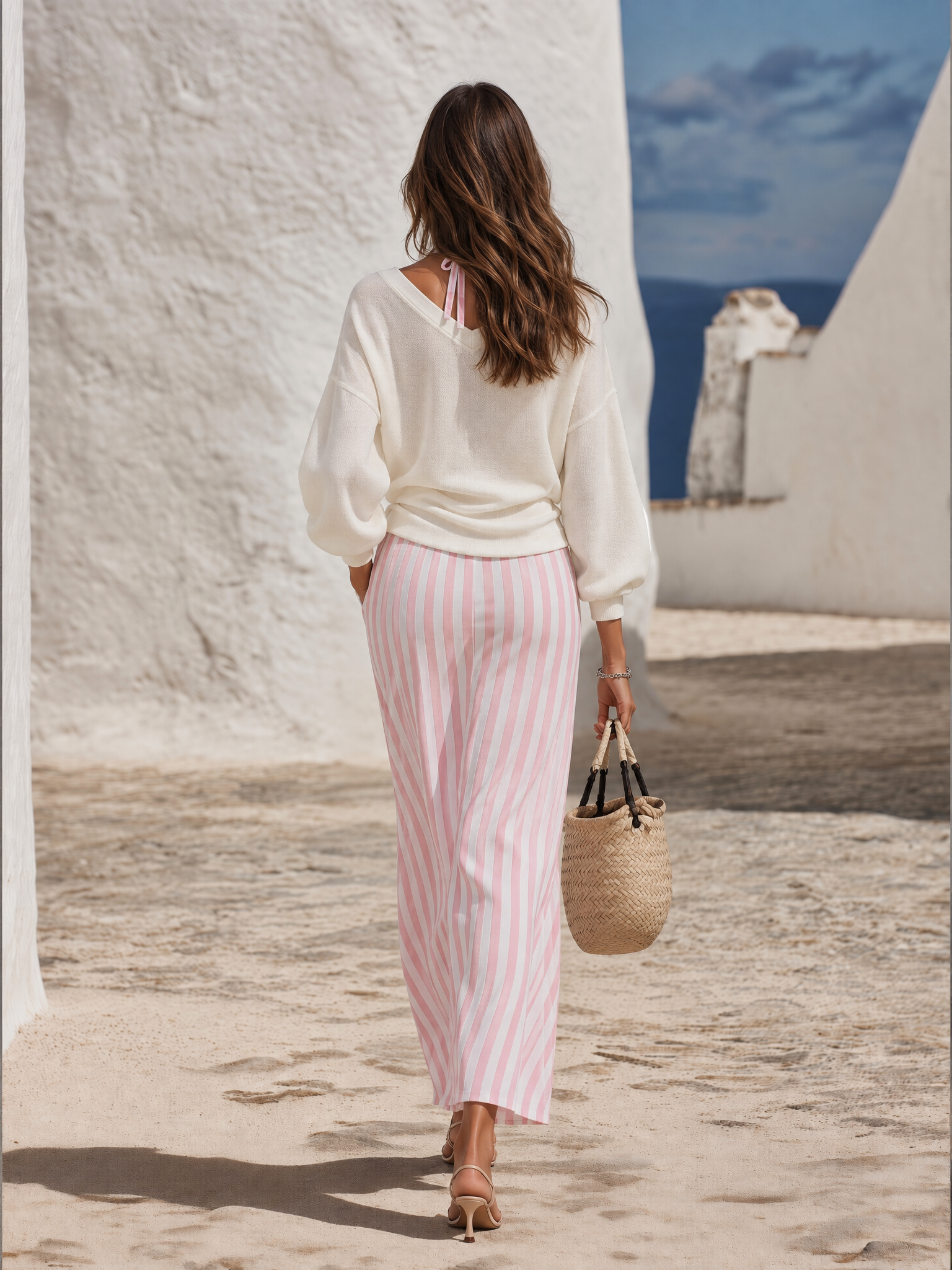 Resort-style Long-sleeve Cover-up And Striped Maxi Skirt Set