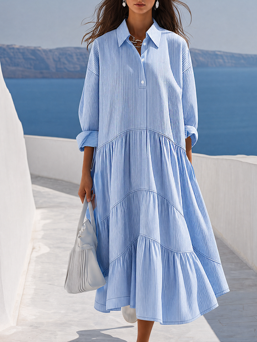 Elegant Blue Striped Collared Tiered Midi Dress