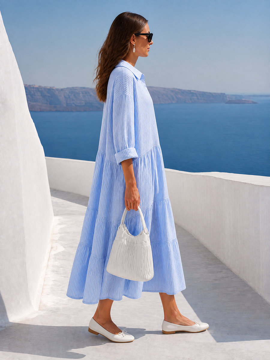 Elegant Blue Striped Collared Tiered Midi Dress
