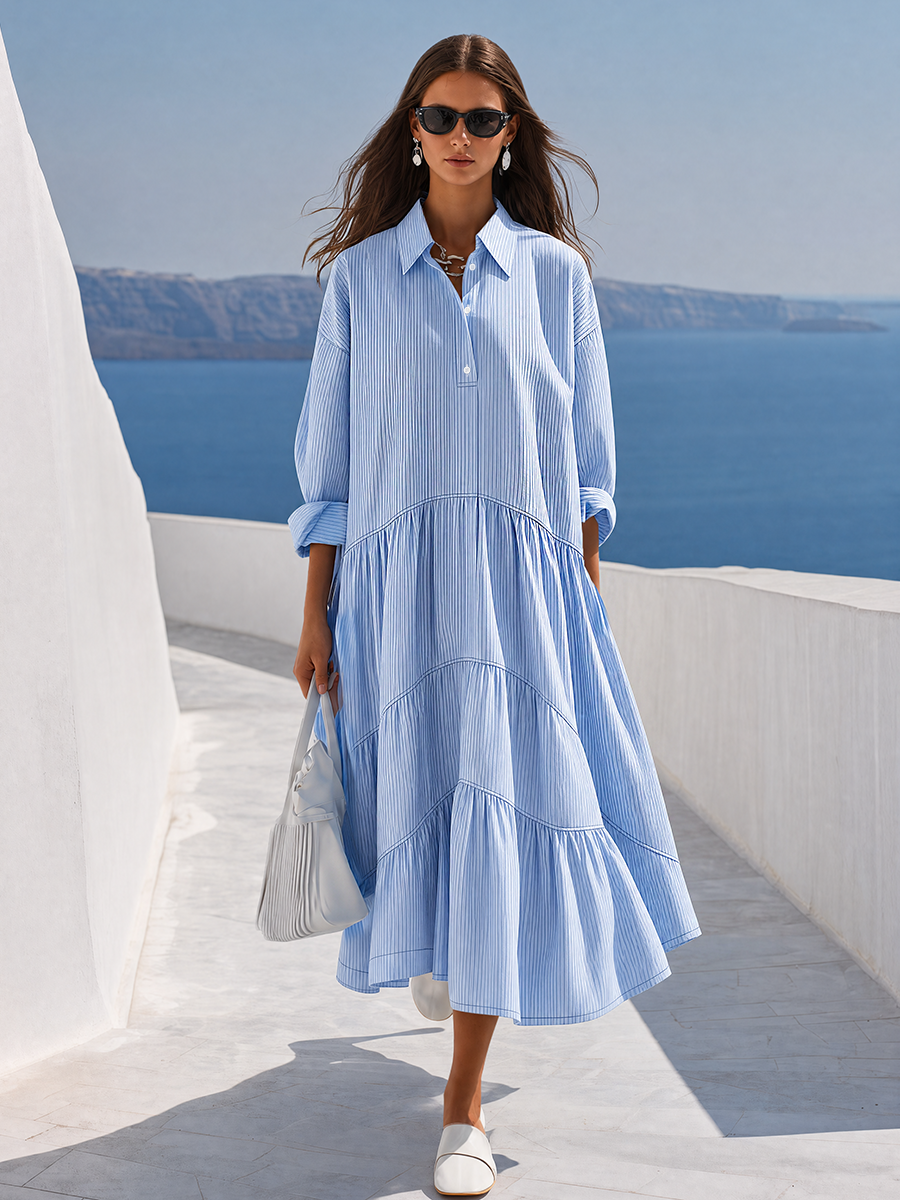 Elegant Blue Striped Collared Tiered Midi Dress