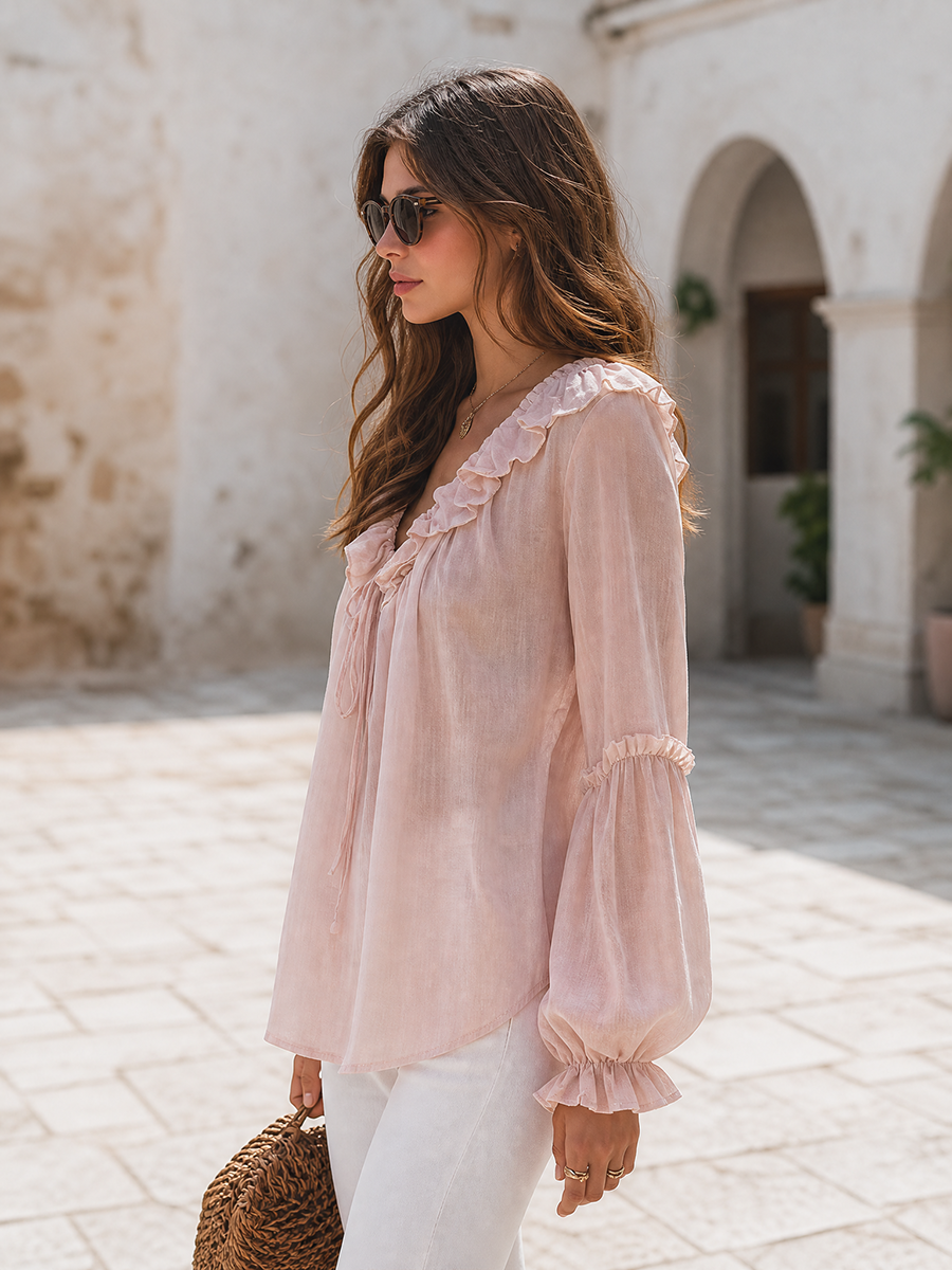 Dusty Pink Boho Ruffle V-Neck Tie-Front Lantern Sleeve Sheer Chiffon Blouse