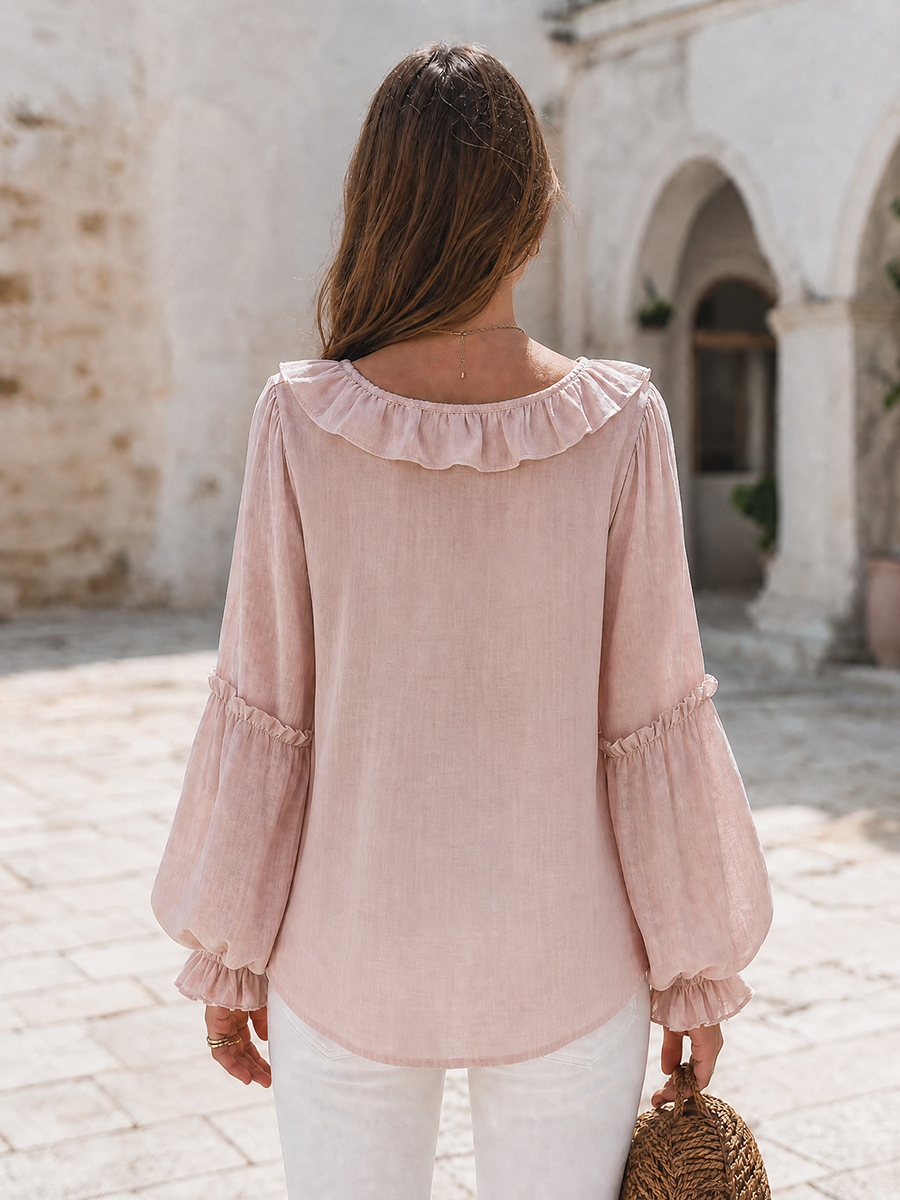 Dusty Pink Boho Ruffle V-Neck Tie-Front Lantern Sleeve Sheer Chiffon Blouse
