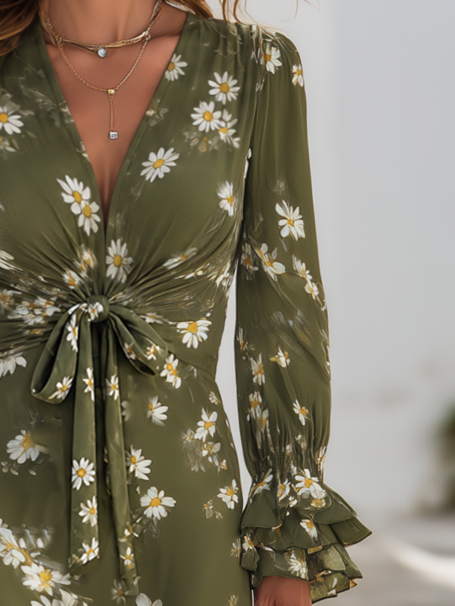 Boho Olive Green Daisy Floral V-Neck Long Sleeve Twist-Front Flowy Maxi Dress