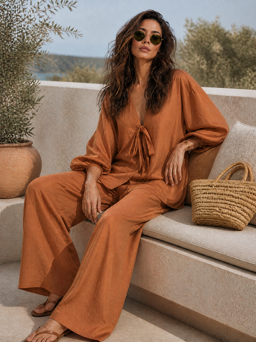 Women's Solid Linen Tie-Front V-Neck Lantern Sleeve Blouse And High-Waist Wide-Leg Pants Two-Piece Set