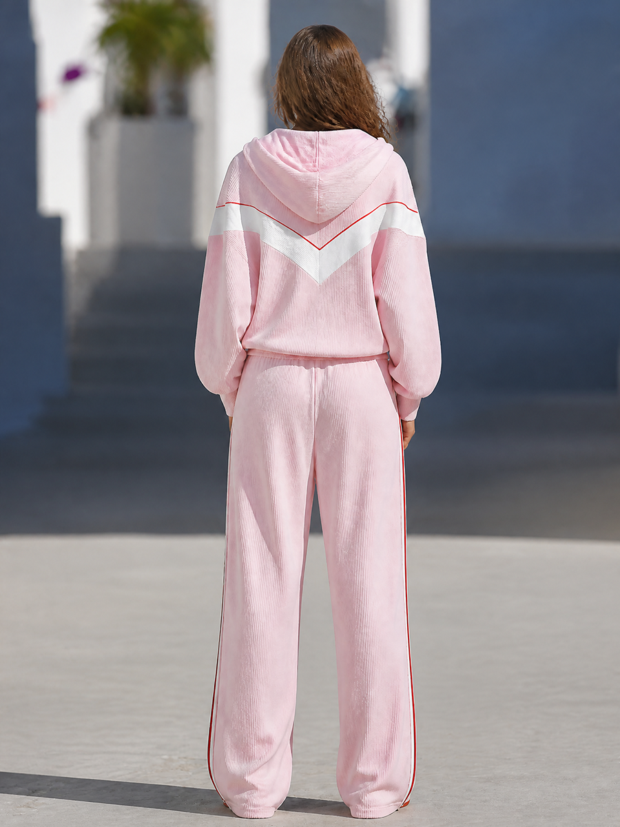 Effortlessly Chic Blush Pink Ribbed Knit Half-Zip Hoodie With White Chevron Colorblock & Red Piping Wide-Leg Track Pants Set