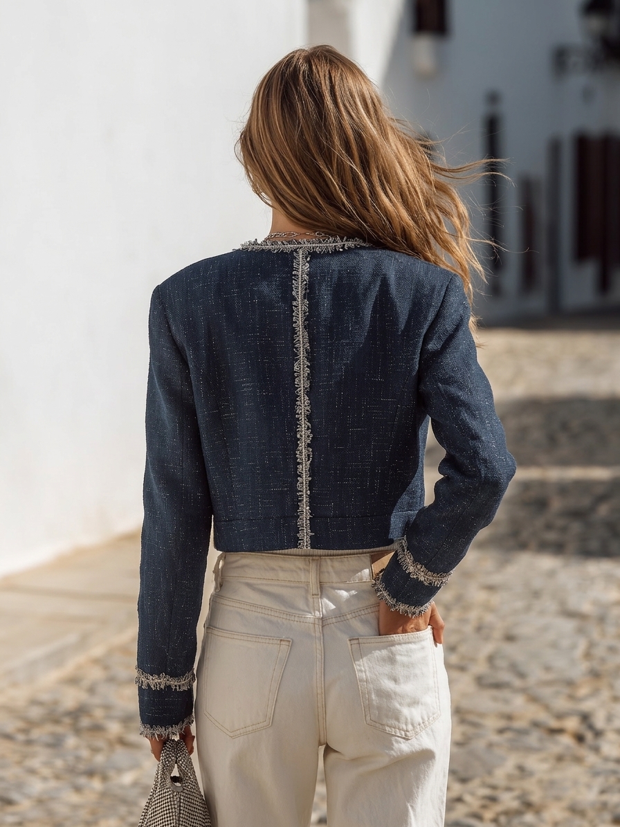Santorini Vibe Navy Fringe Trim Tweed Zip Up Cropped Jacket