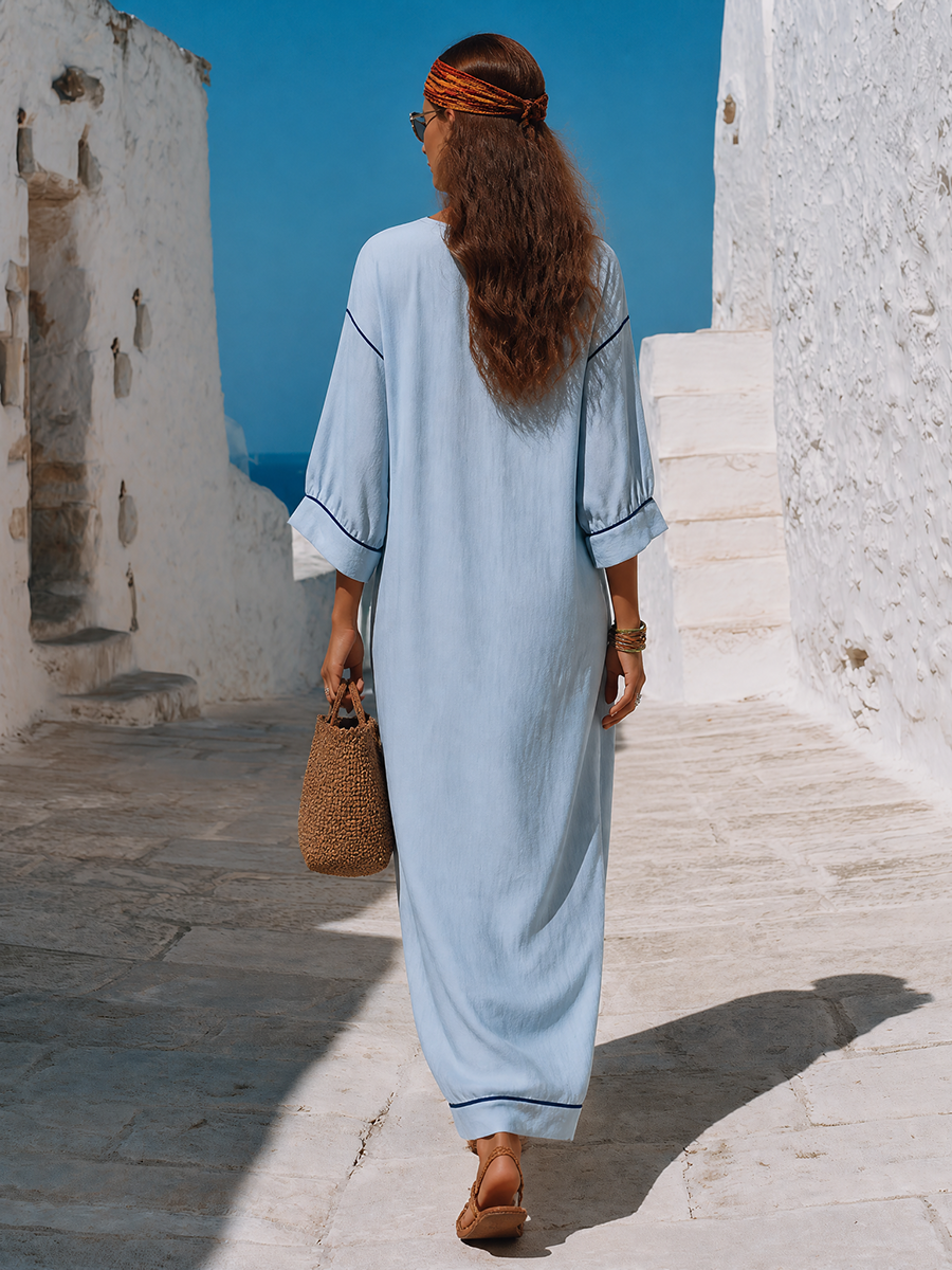 Santorini Breeze Sky Blue Embroidered Tassel Maxi Dresses 