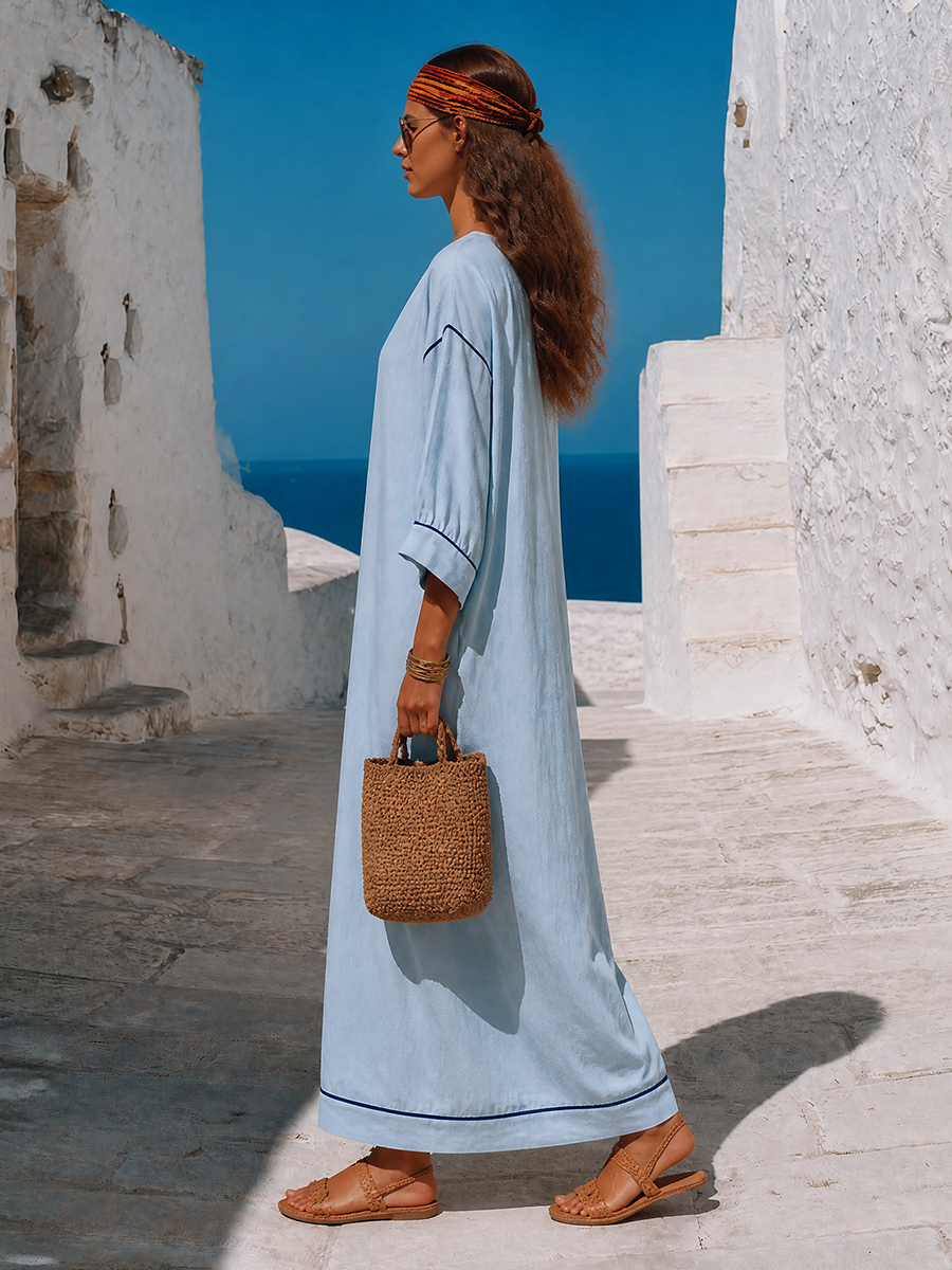 Santorini Breeze Sky Blue Embroidered Tassel Maxi Dresses 